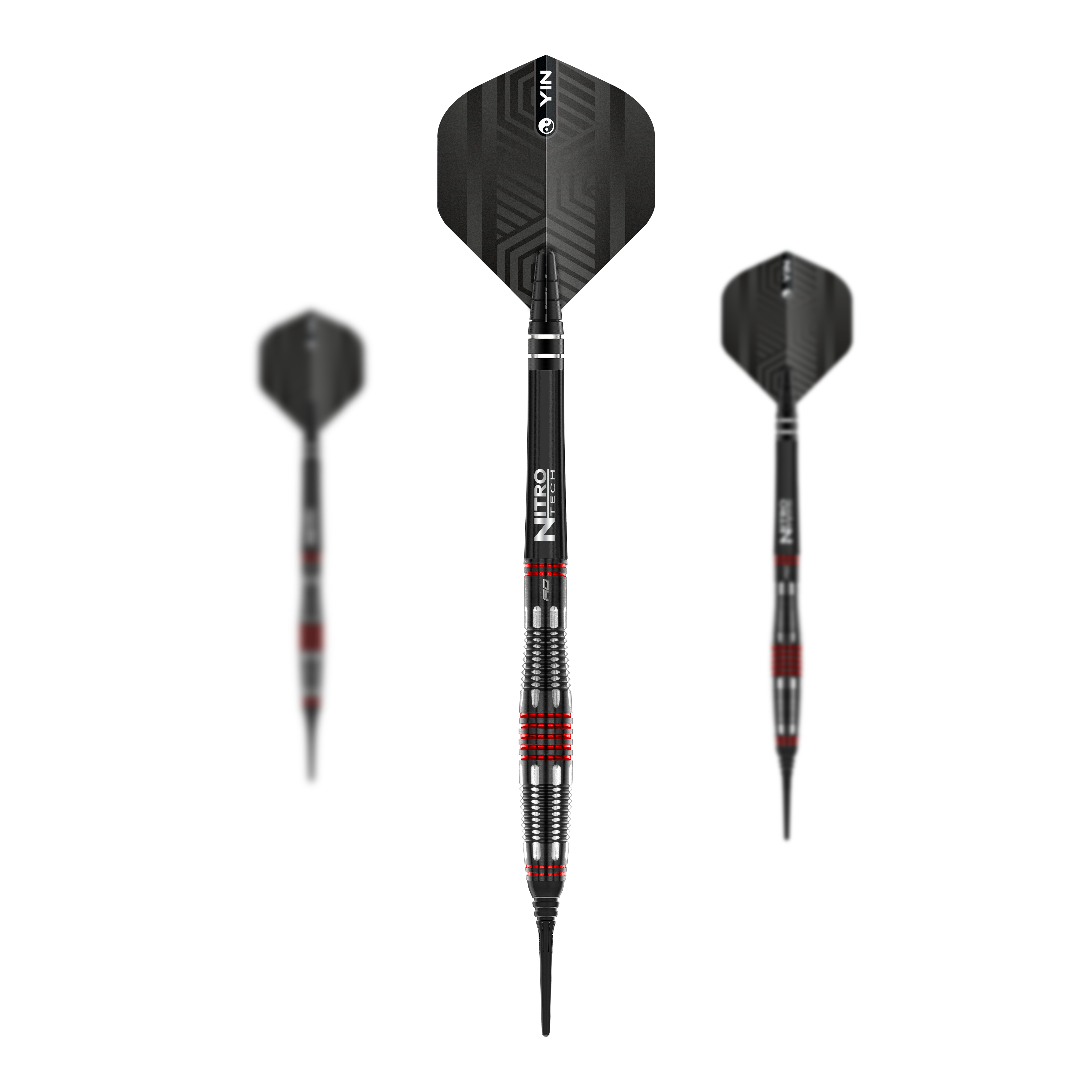 Dardos blandos Red Dragon Marlin Venom - 22 g Das Bild zeigt drei Softdarts des Modells "Red Dragon Marlin Venom" mit einem Gewicht von 22g. Die Darts sind in Schwarz mit roten und silbernen Akzenten gestaltet.