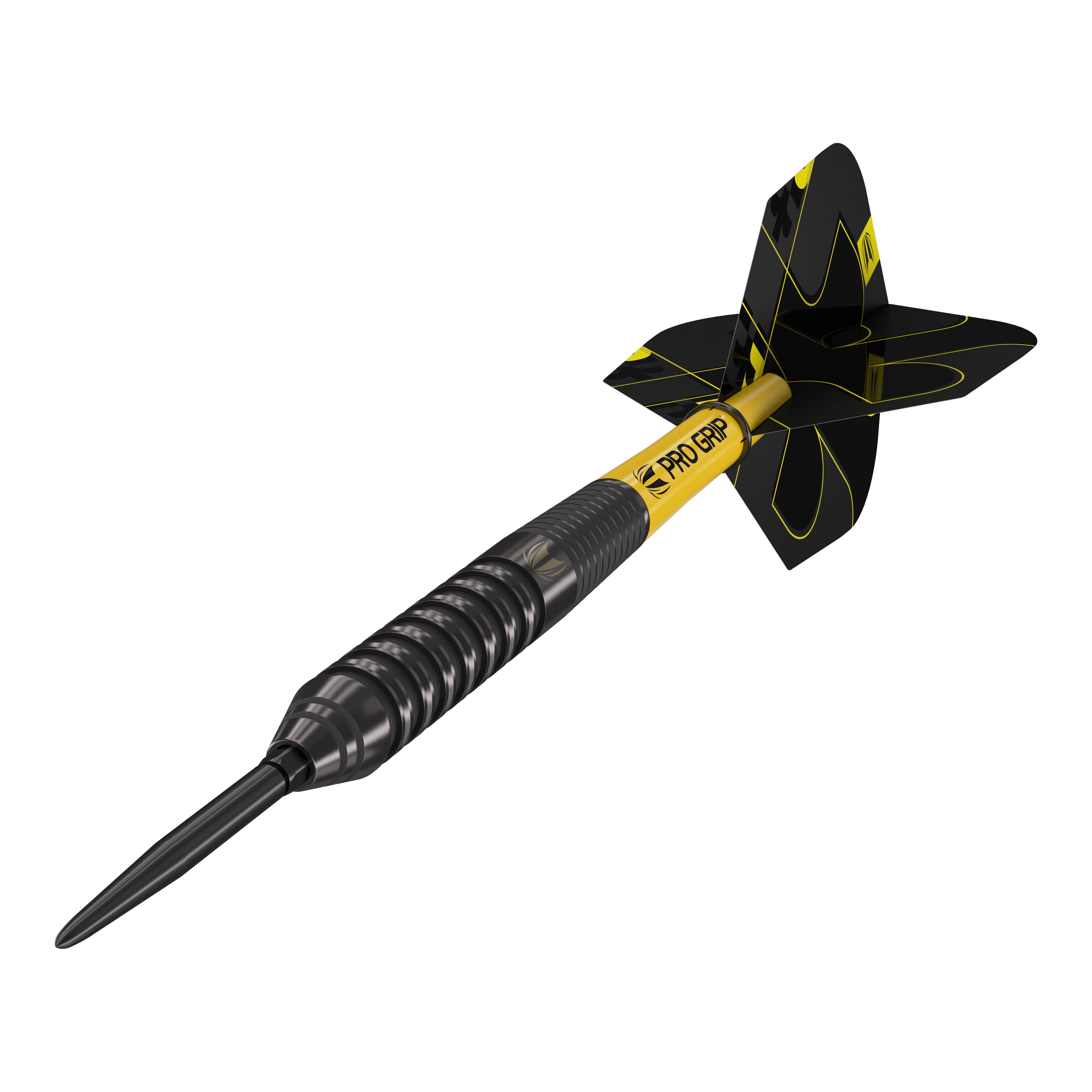 Dardos de acero Target Bolide Void 02 Swiss Point Das Bild zeigt einen Target Bolide Void 02 Swiss Point Steeldart. Der Dart ist schwarz mit gelben Akzenten und hat ein modernes, gerilltes Design.