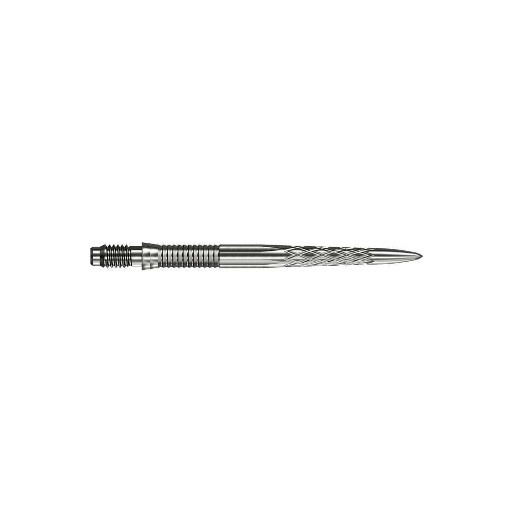 Puntas de dardo Mission R2.5 Rapid Point DSX - Plateadas Abgebildet sind silberne Dartspitzen Mission R25 Rapid Point DSX mit einer Länge von 30mm. Die Spitzen werden aus zwei verschiedenen Blickwinkeln präsentiert.