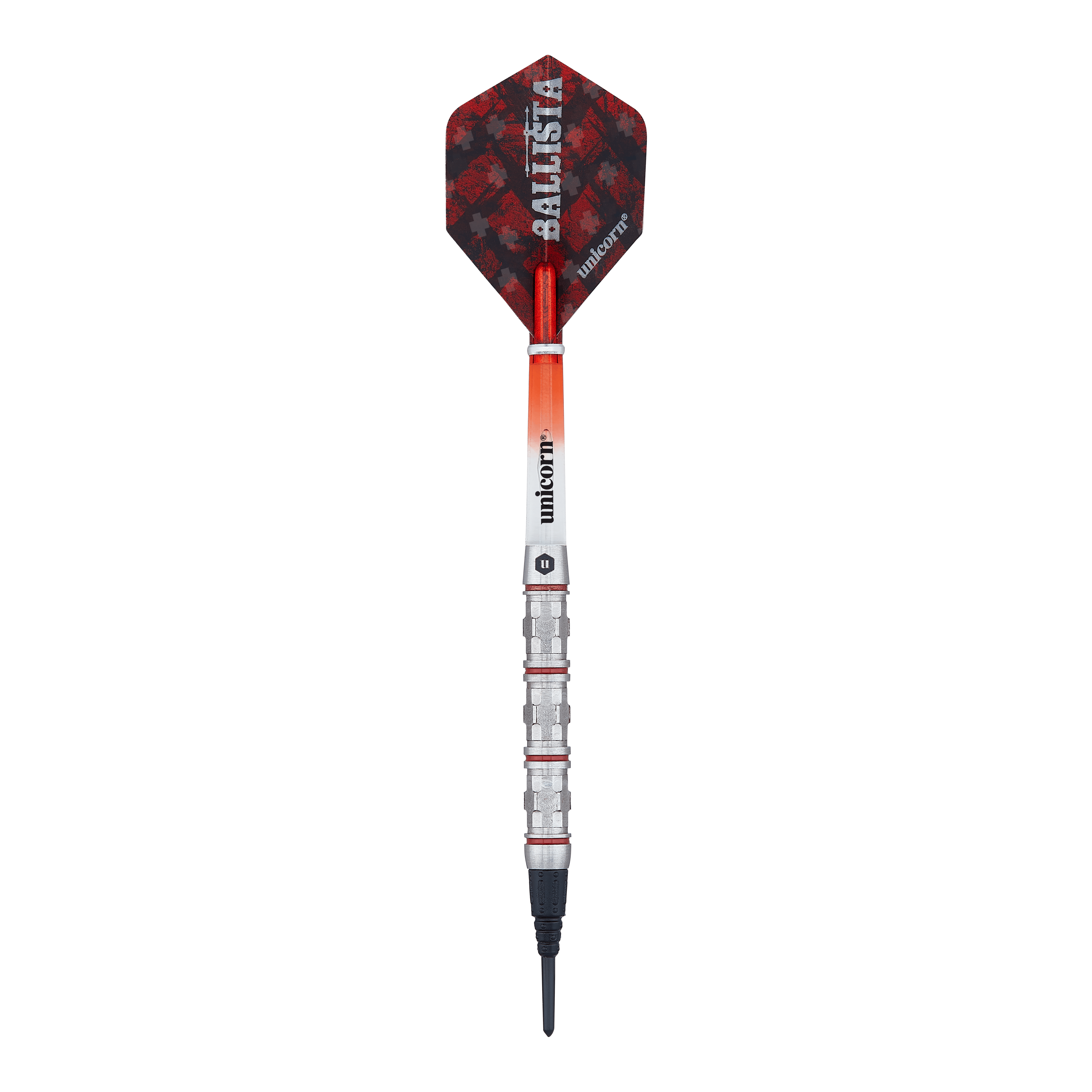 Dardos suaves estilo Ballista Unicorn 4 Das Bild zeigt einen Softdart der Marke Unicorn, Modell Ballista Style 4. Der Dart hat rote und schwarze Flights sowie einen silbernen, gerillten Barrel.