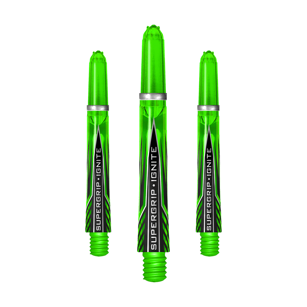 HR390_Harrows_Supergrip_Ignite_Shafts_Gr-n_40mm_1twMDBP71eqkB2 Harrows Supergrip Ignite Shafts in markanter Anordnung. Die Schäfte zeichnen sich durch ihre Oberfläche aus.