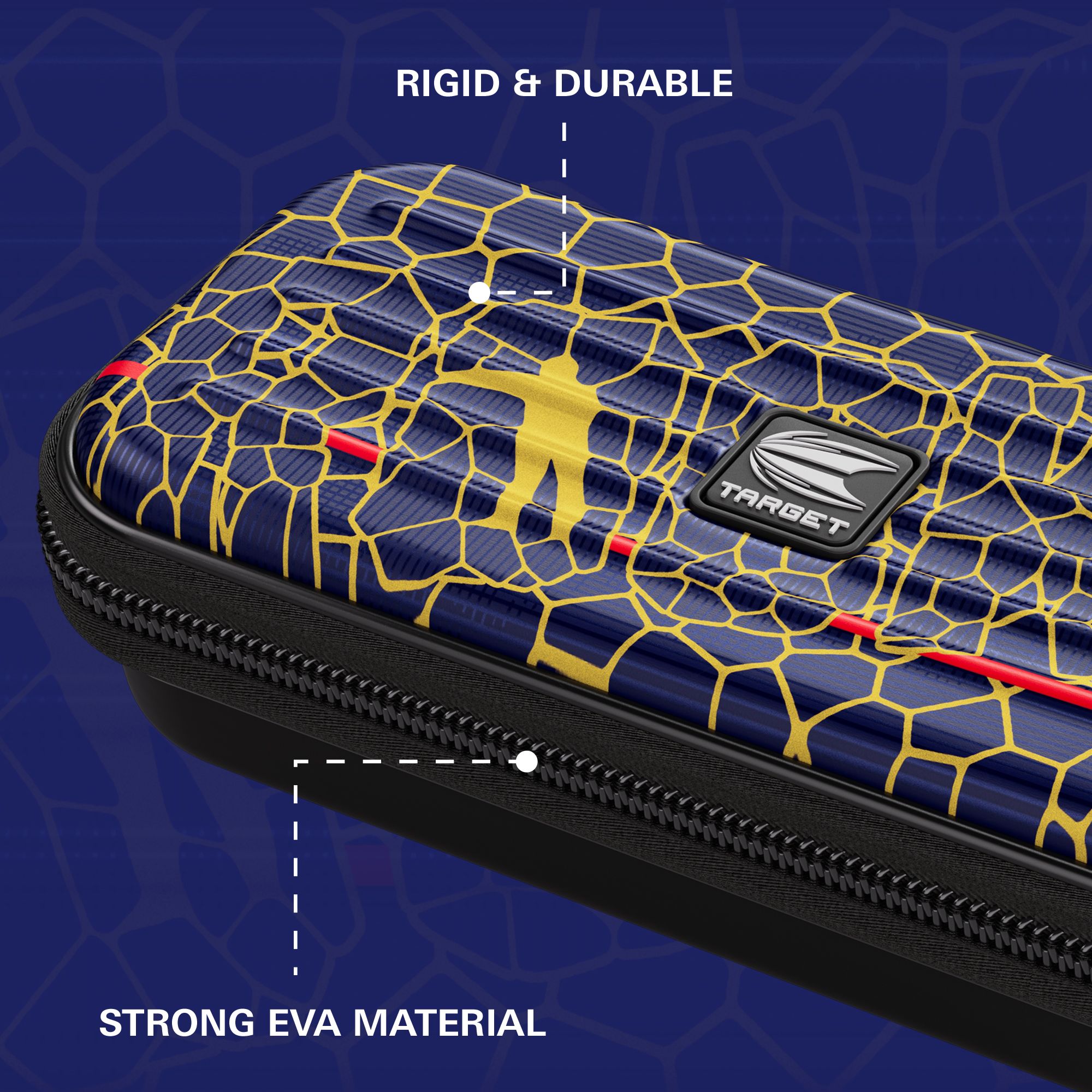Estuche para dardos Target Takoma Josh Rock Das Bild zeigt das „Target Takoma Josh Rock Dartcase“ mit einem auffälligen blauen und gelben Design. Es wird hervorgehoben, dass das Etui aus starkem EVA-Material gefertigt und besonders robust und langlebig ist.