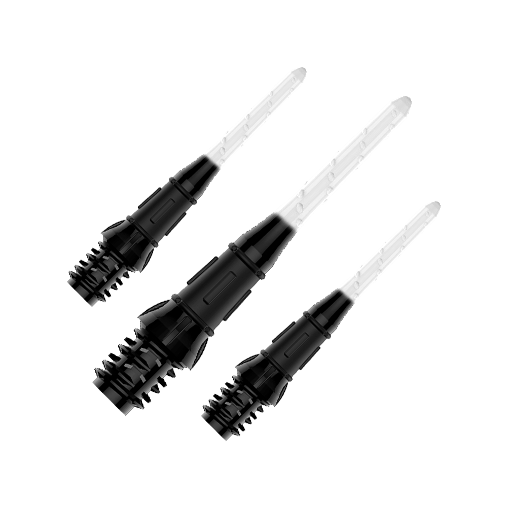 Labios de punta bicolor premium estilo L (paquete de 30) Auf dem Bild sind drei schwarze und transparente Dartspitzen zu sehen. Sie sind in einer Reihe angeordnet und weisen ein modernes, zweiteiliges Design auf.