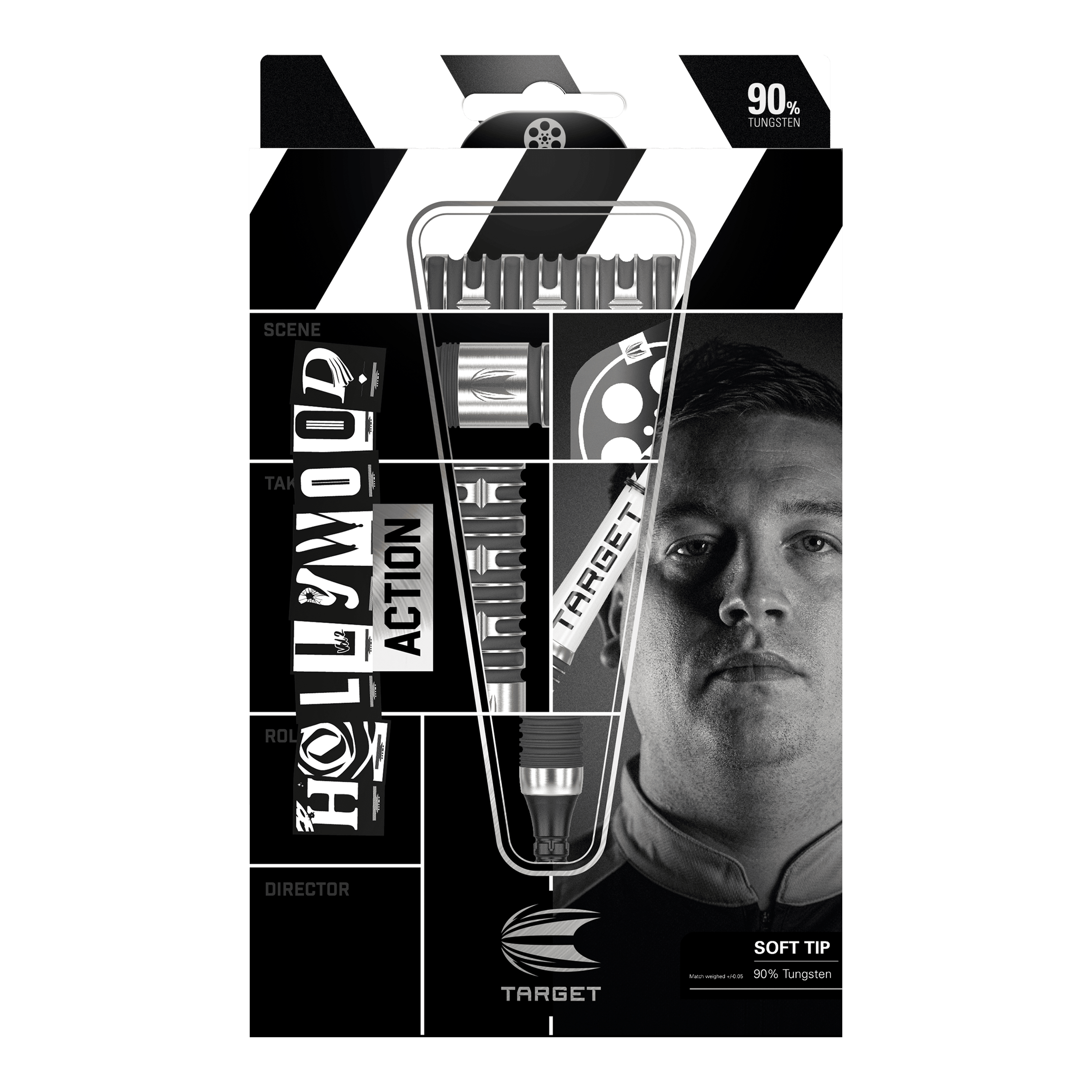 Dardos blandos Target Chris Dobey Hollywood Action - 20 g Die Abbildung zeigt das Produkt "Target Chris Dobey Hollywood Action Softdarts - 20g" in seiner Verpackung. Auf der Verpackung sind die Darts sowie das Gesicht eines Mannes und der Markenname deutlich zu sehen.