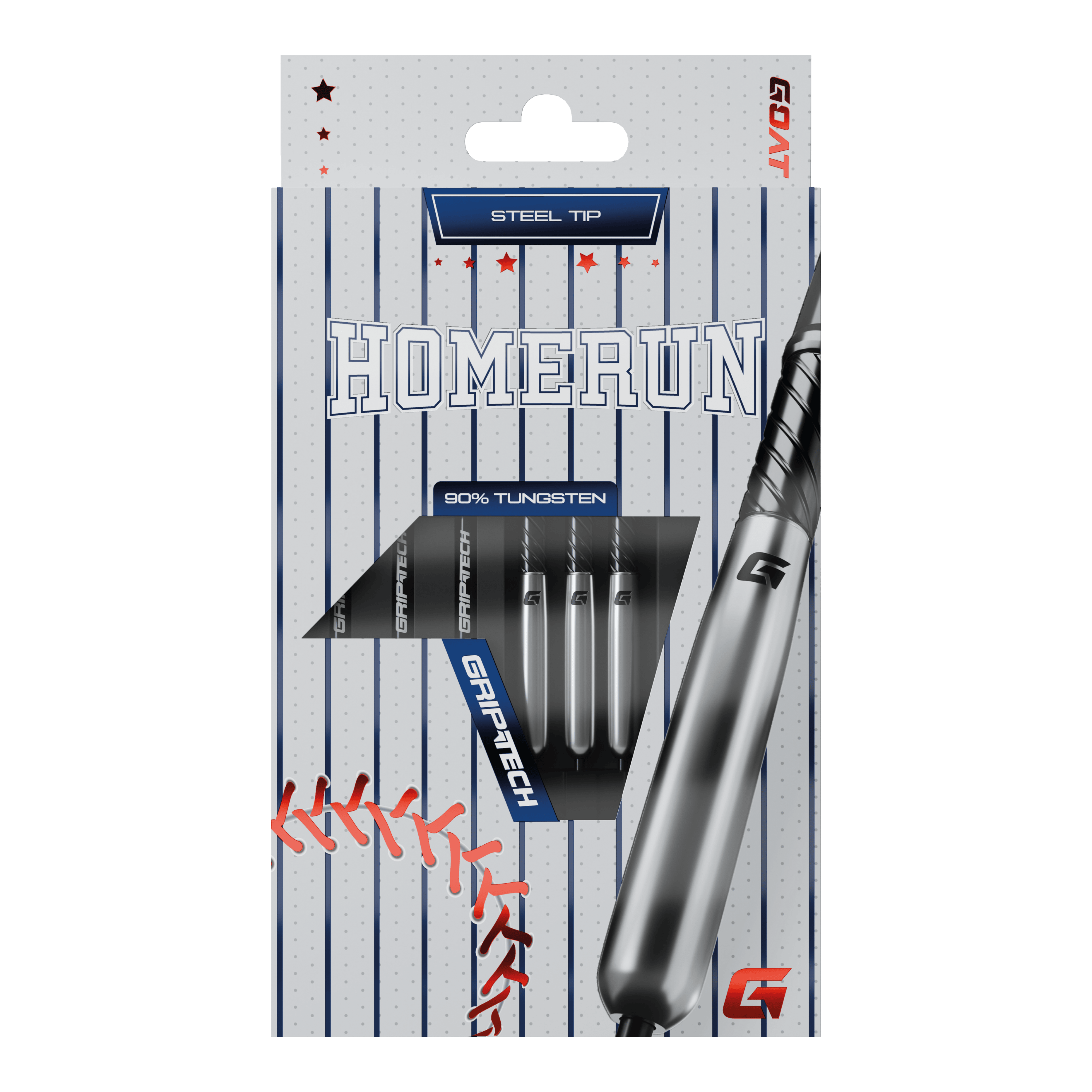 Dardos de béisbol de acero de tungsteno GOAT Homerun Das Bild zeigt die Verpackung der "GOAT Homerun Baseball Tungsten Steeldarts" mit Stahlspitze. Auf der Vorderseite sind drei Darts sowie baseballtypische Designelemente abgebildet.