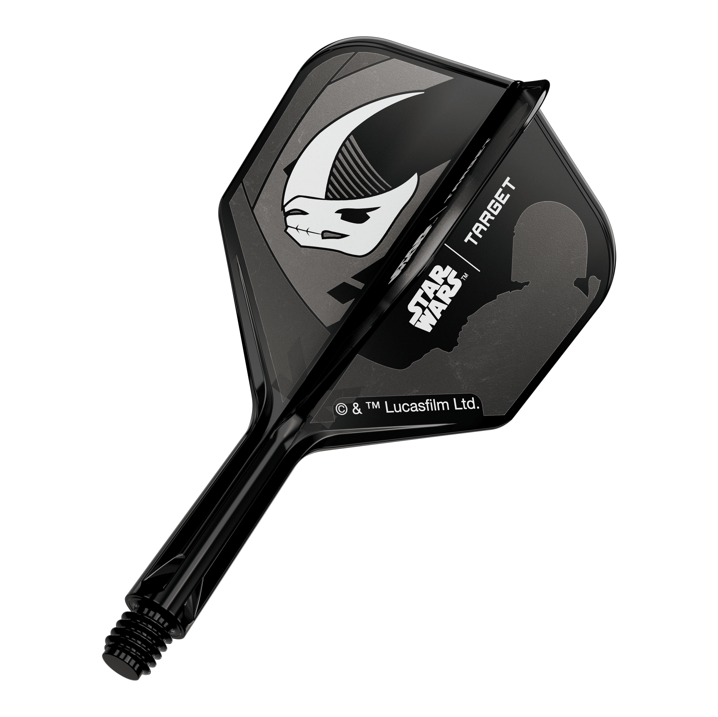 Set Target Star Wars K-Flex Mandalorian No6 Vuelos Abgebildet ist ein Motiv mit Mandalorianer-Rüstung, inspiriert von Star Wars. Das Design ist auf einem No6 Flights 19 mm Dart-Flügel zu sehen.