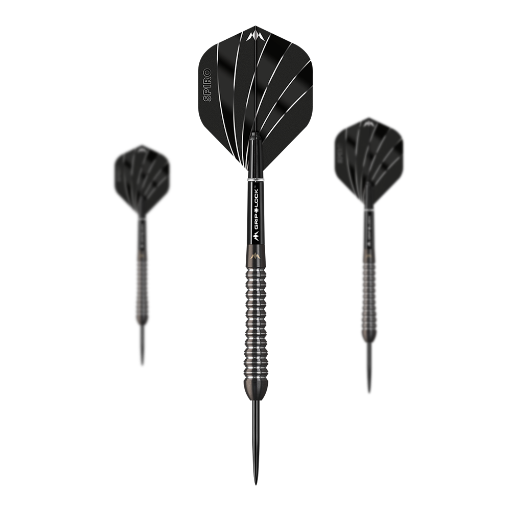 Dardos de acero Mission Spiro Modelo 2 - 22 g Das Bild zeigt drei Steeldarts des Modells "Mission Spiro Model 2" mit einem Gewicht von 22g. Die Darts sind schwarz mit silbernen Akzenten und haben auffällige Flights mit weißen Linien.