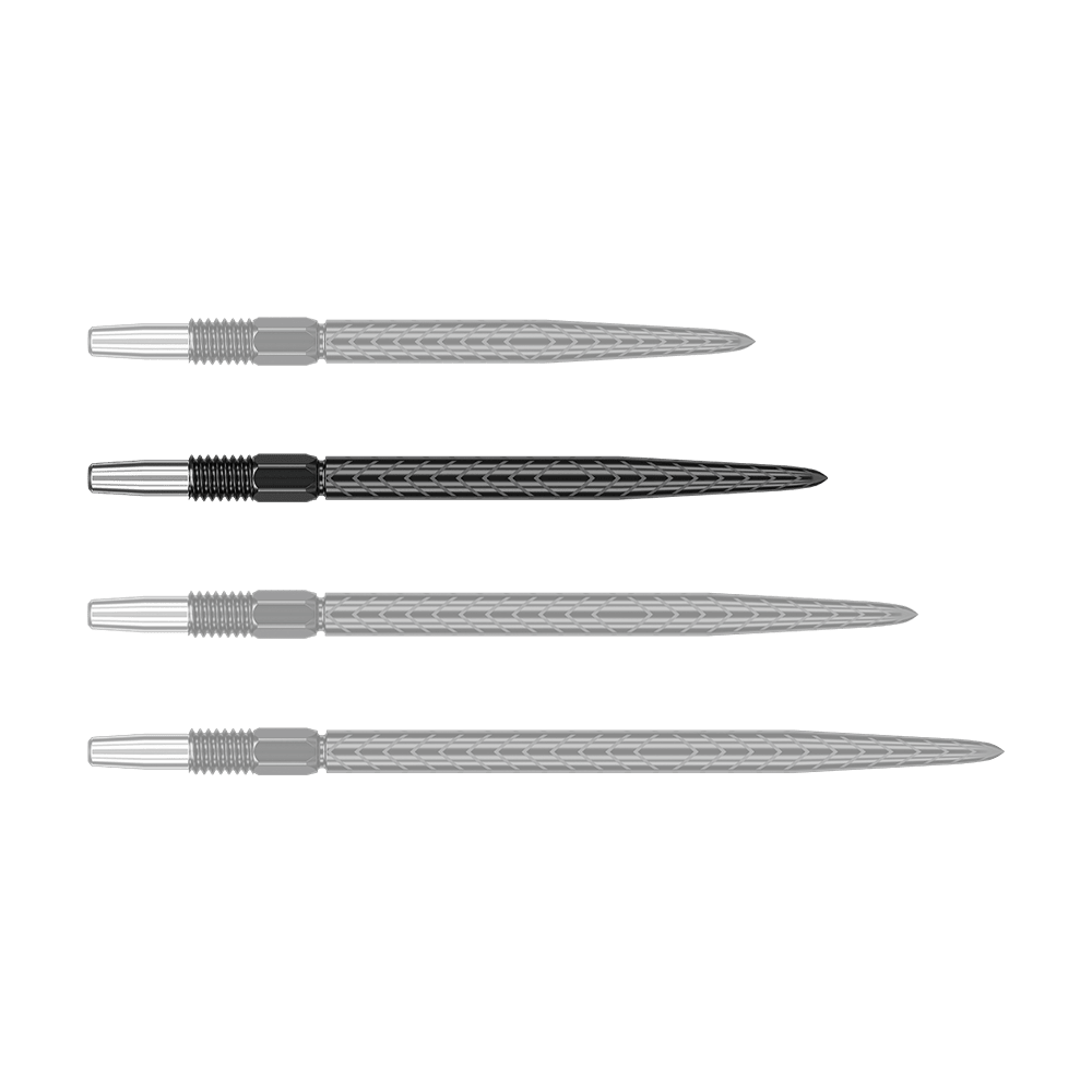 Puntas de dardos Target Swiss Point RVE - Negras Das Bild zeigt vier schwarze Dartspitzen mit silbernem Gewinde. Sie liegen parallel nebeneinander auf einem grünen Hintergrund.