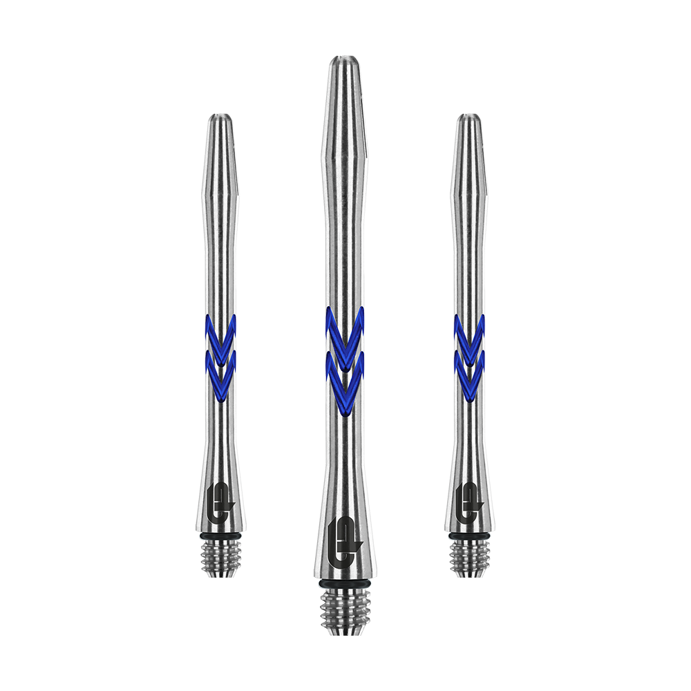 C643_Red_Dragon_Gerwyn_Price_V-Groove_Aluminium_Shafts_Blue_46mm_1 Das Bild zeigt drei silberne Aluminium-Dartschäfte mit blauen V-förmigen Rillen. Es handelt sich um das Produkt "Red Dragon Gerwyn Price V-Groove Blue Aluminium Shafts".