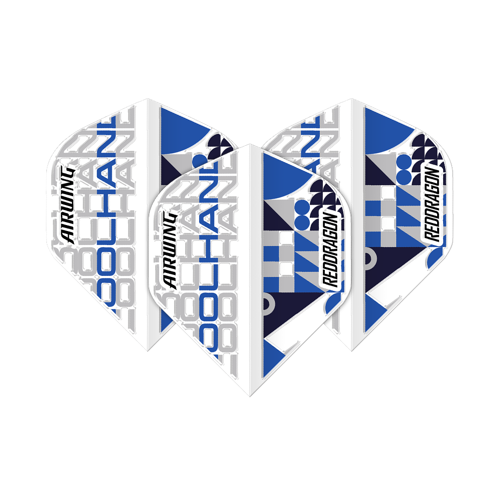 Vuelos estándar de Luke Humphries White de Red Dragon Airwing Das Bild zeigt drei Dart-Flights des Produkts "Red Dragon Airwing Luke Humphries White Standard Flights". Die Flights sind überwiegend weiß mit blauen und grauen grafischen Elementen sowie der Aufschrift "COOL HAND", "AIRWING" und "RED DRAGON".