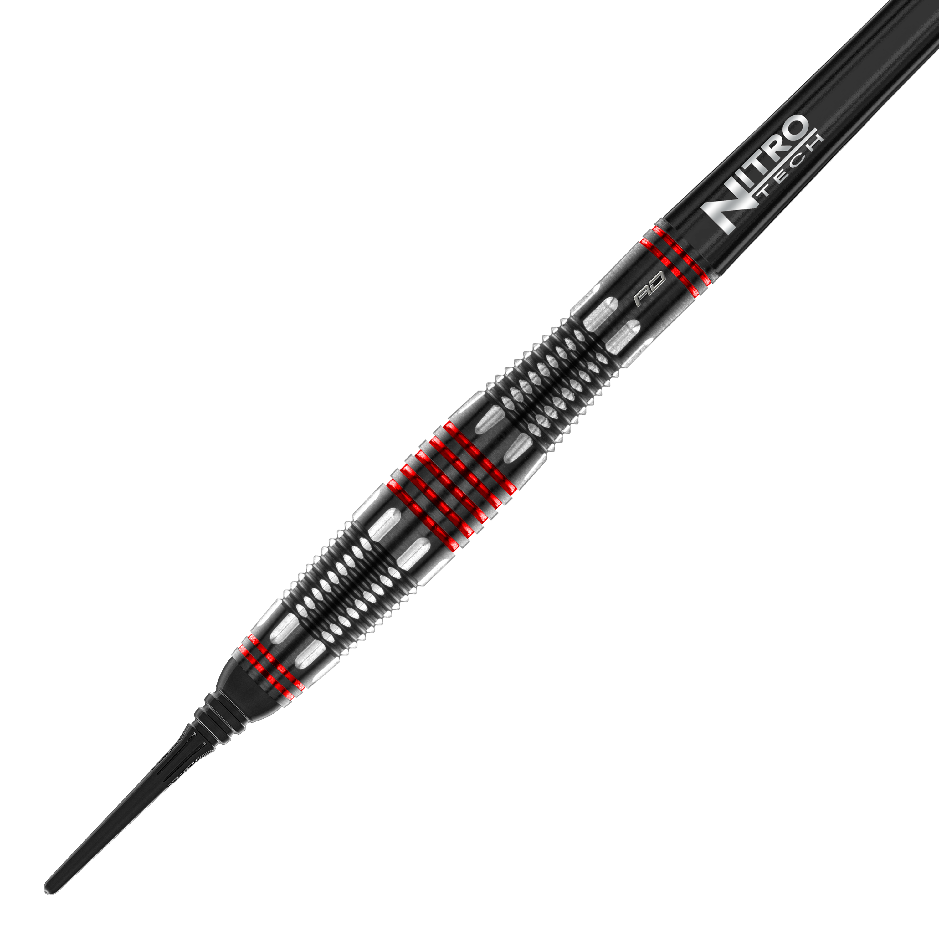 Dardos blandos Red Dragon Marlin Venom - 22 g Das Bild zeigt den Red Dragon Marlin Venom Softdart mit einem Gewicht von 22 Gramm. Der Dart hat ein schwarzes und silbernes Design mit auffälligen roten Ringen und einer „Nitro Tech“-Beschriftung.