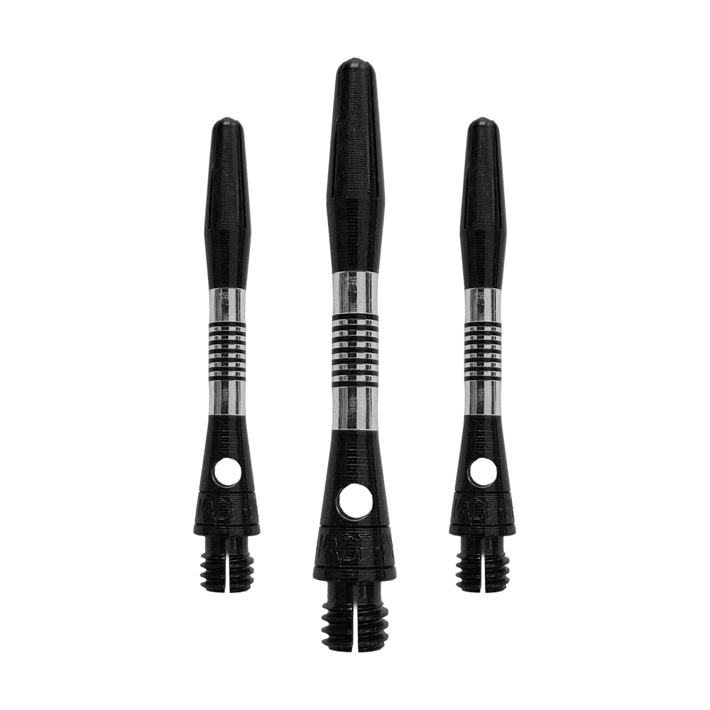 Ejes de aluminio Bulls NL Cetra - Negro Das Bild zeigt ein Set von schwarzen Aluminium-Dartschäften. Alle Schäfte haben eine Länge von 34mm.