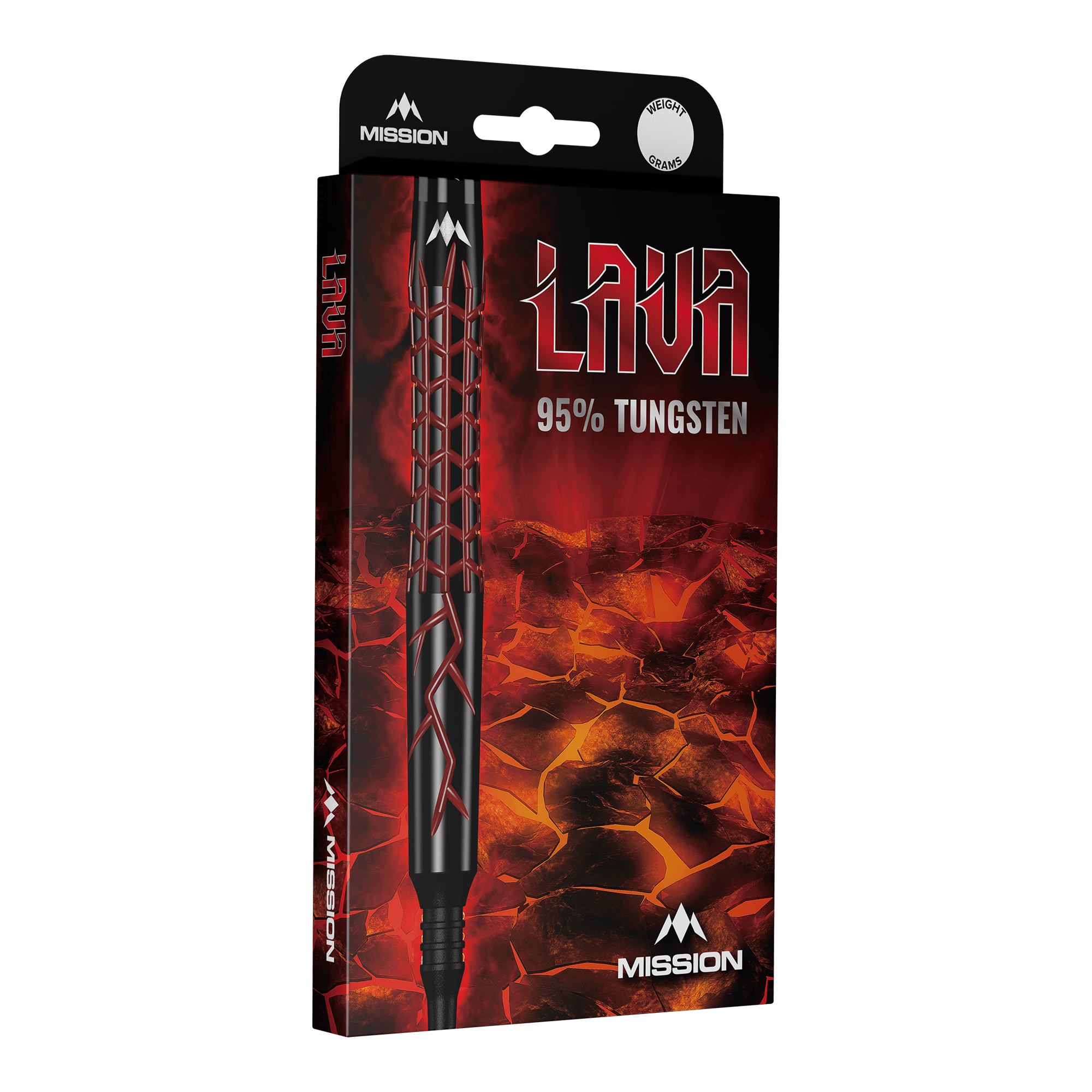 Dardos blandos Mission Lava - 20 g Die Abbildung zeigt die Verpackung der "Mission Lava Softdarts - 20g". Auf der Verpackung steht "95% Tungsten" und sie ist mit einem Lava-Motiv gestaltet.