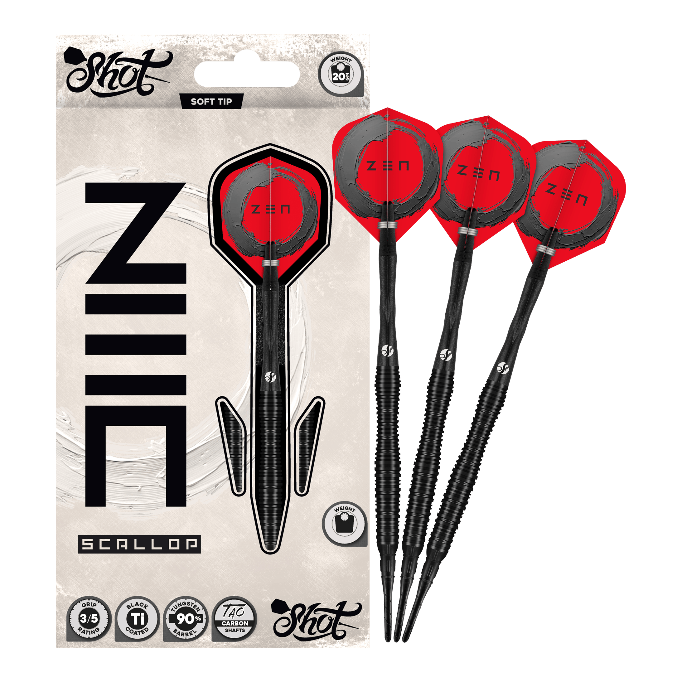 Dardos blandos Shot ZEN con forma de vieira - 20 g Das Bild präsentiert die Shot ZEN Scallop Softdarts - 20g in voller Ansicht. Diese Darts zeichnen sich durch ihre hochwertige Verarbeitung aus.