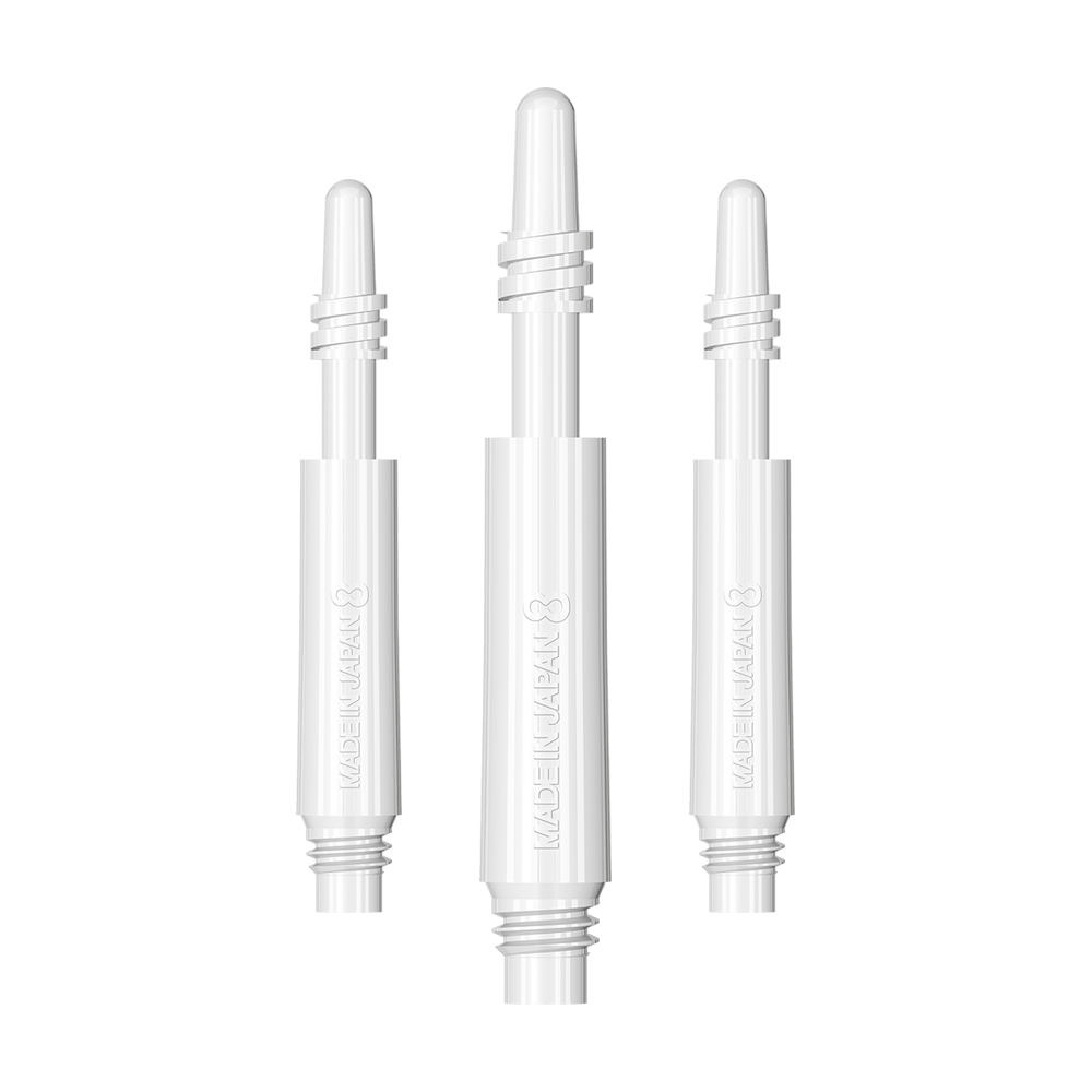 Das Bild zeigt drei weiße 8 Flight Regular Spin Shafts. Die Schäfte sind schlank und haben eine glatte Oberfläche mit der Aufschrift "MADE IN JAPAN".