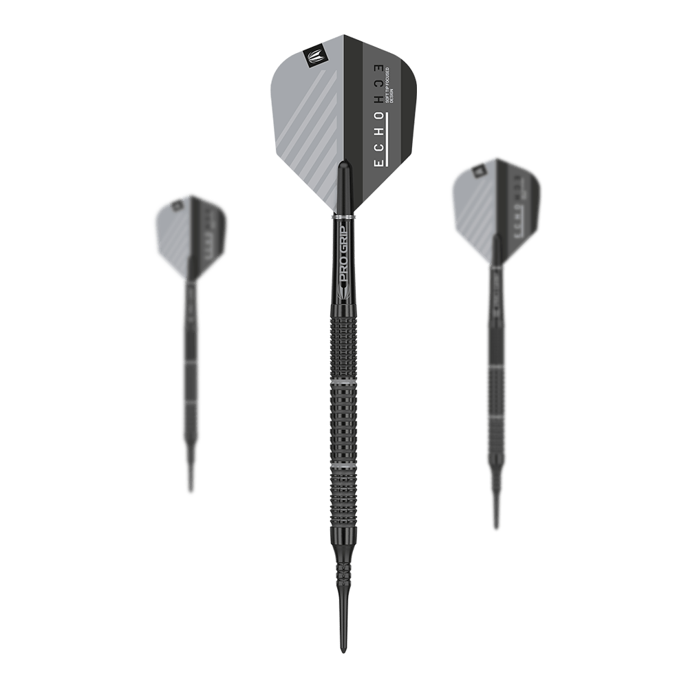 Target Echo 11 dardos blandos Das Bild zeigt drei Softdarts des Produkts "Target Echo 11". Die Darts sind schwarz mit grauen Flights und haben eine strukturierte Griffzone.