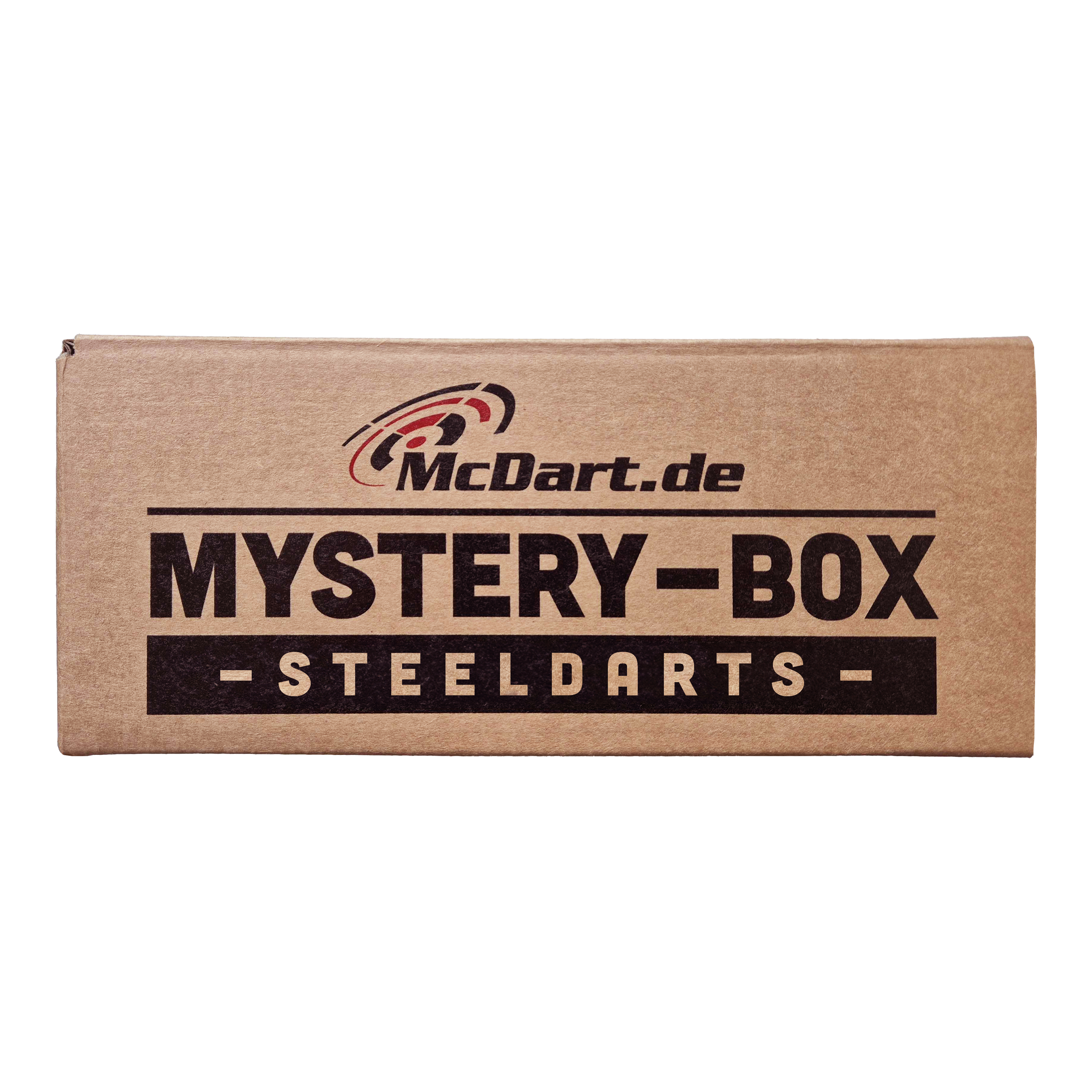 Caja misteriosa de McDart - Steeldarts Die Abbildung zeigt eine braune Box mit der Aufschrift „McDart Mystery-Box - Steeldarts“. Die Verpackung sieht einfach aus und ist speziell für Steeldarts-Fans gestaltet.