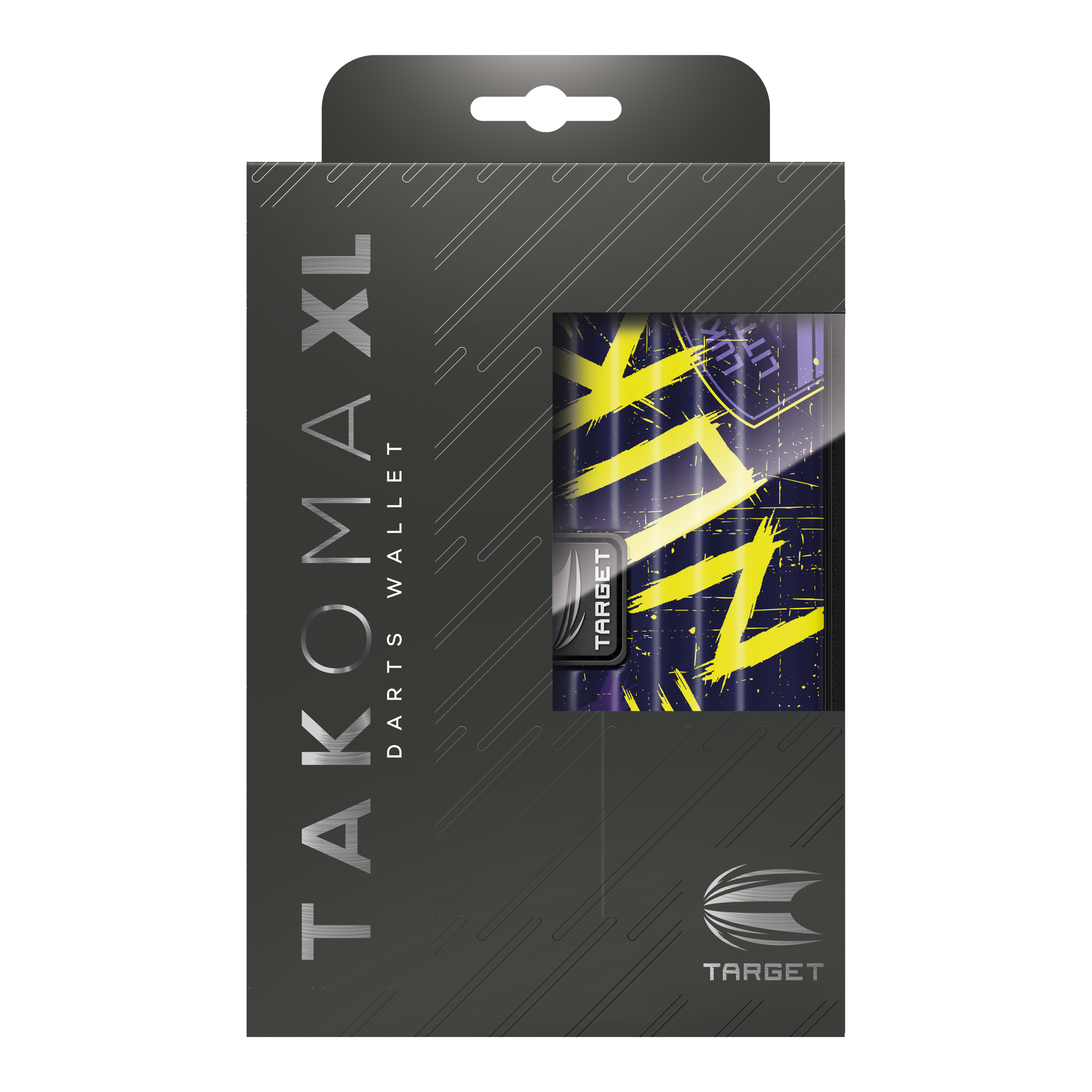 Estuche para dardos Target Takoma Luke Littler XL Das Bild zeigt die Verpackung des Target Takoma XL Dartcases, das speziell für Luke Littler designt wurde. Die Verpackung ist überwiegend schwarz mit gelben und violetten Akzenten auf dem Dartcase selbst.