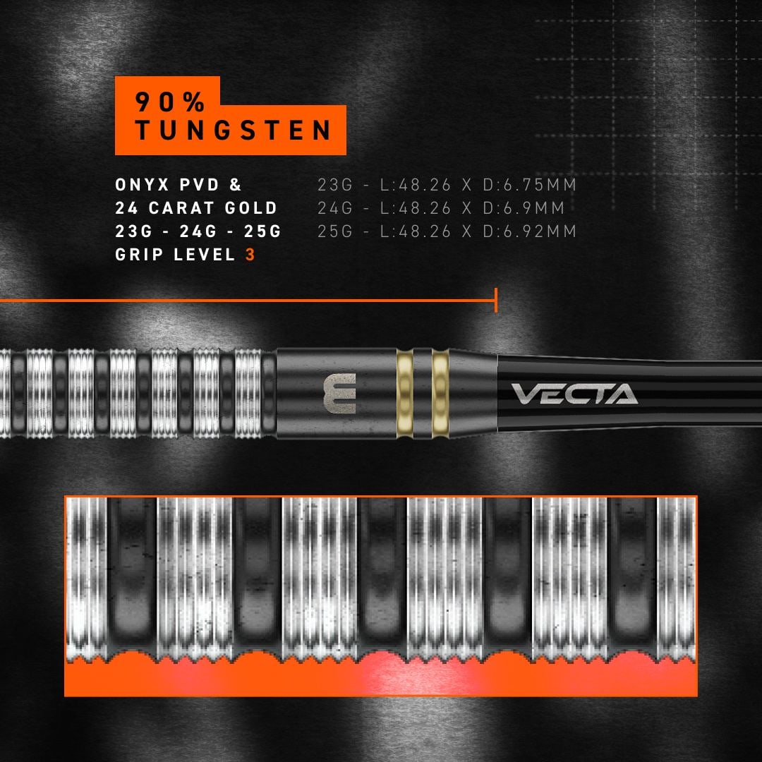 Dardos de acero Winmau Gian Van Veen TS Switch Point Das Produkt ist Winmau Gian Van Veen TS Switch Point Steeldarts. Die Abbildung zeigt die schlanken Darts aus der Nähe.