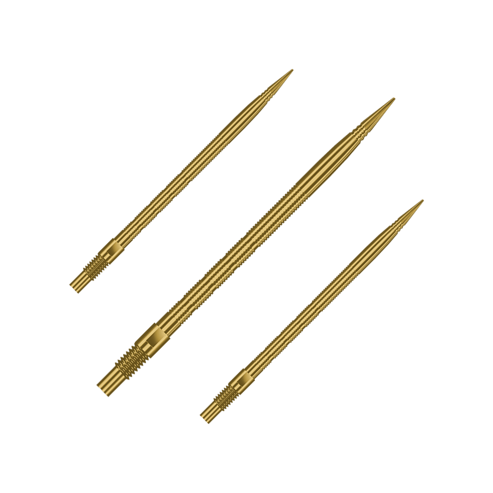 Puntas de dardos Harrows Quick Point Micro Ridge - Doradas Gezeigt wird ein Set von Harrows Quick Point MicroRidge Dartspitzen in Gold, 40mm. Verschiedene Spitzen sind nebeneinander angeordnet.