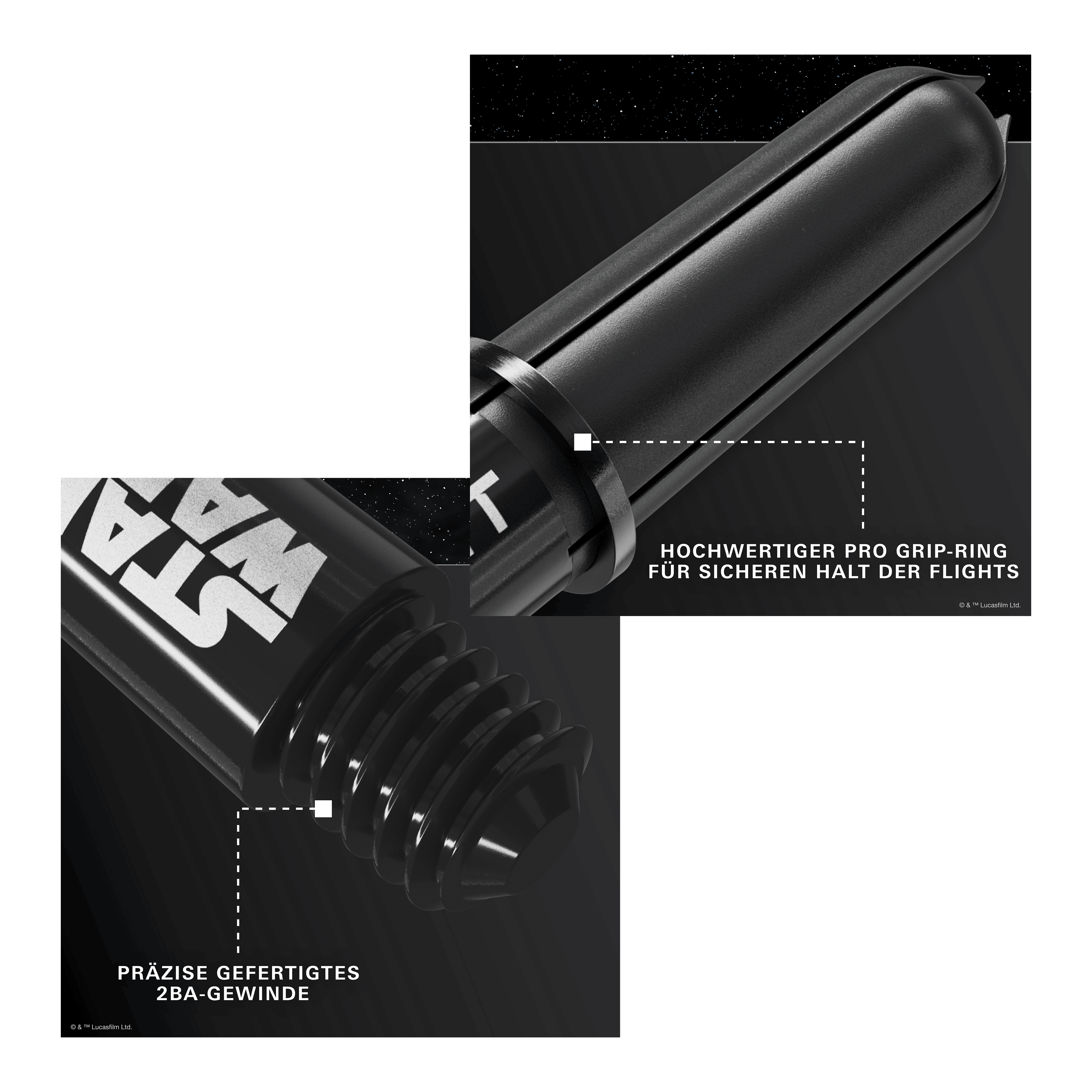 Varillas Target Star Wars ProGrip - Negras Target Star Wars ProGrip Shafts in Schwarz sind auf dem Bild zu sehen. Diese Schäfte richten sich an Dart- und Star Wars Liebhaber.