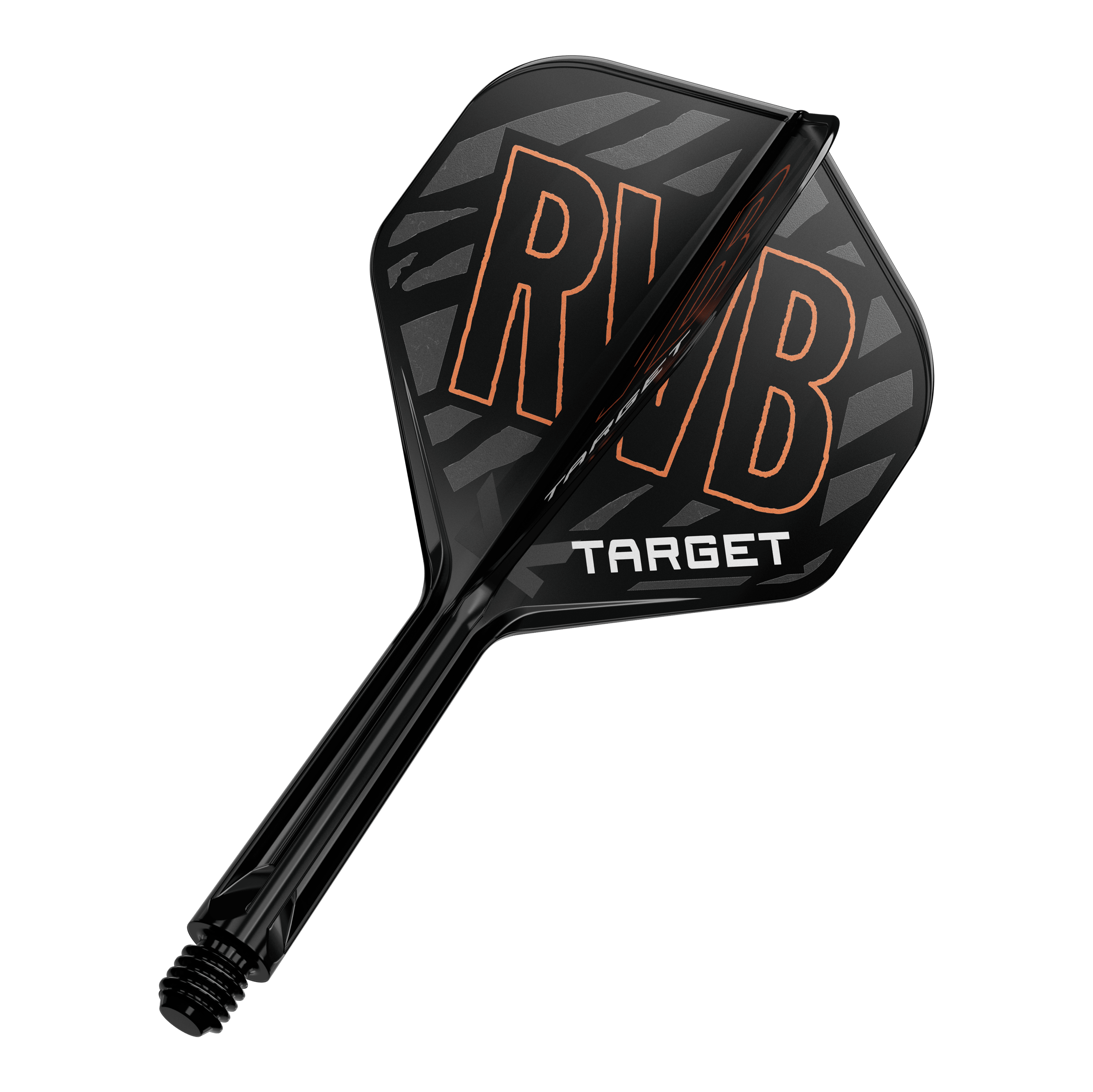Target K-Flex Raymond Van Barneveld No2 Sistema de eje de vuelo estándar Das Bild zeigt ein schwarzes Dart Flight-Schaft-System mit den Buchstaben „RVB“ in orange. Darunter steht das Wort „TARGET“ in weißen Buchstaben.