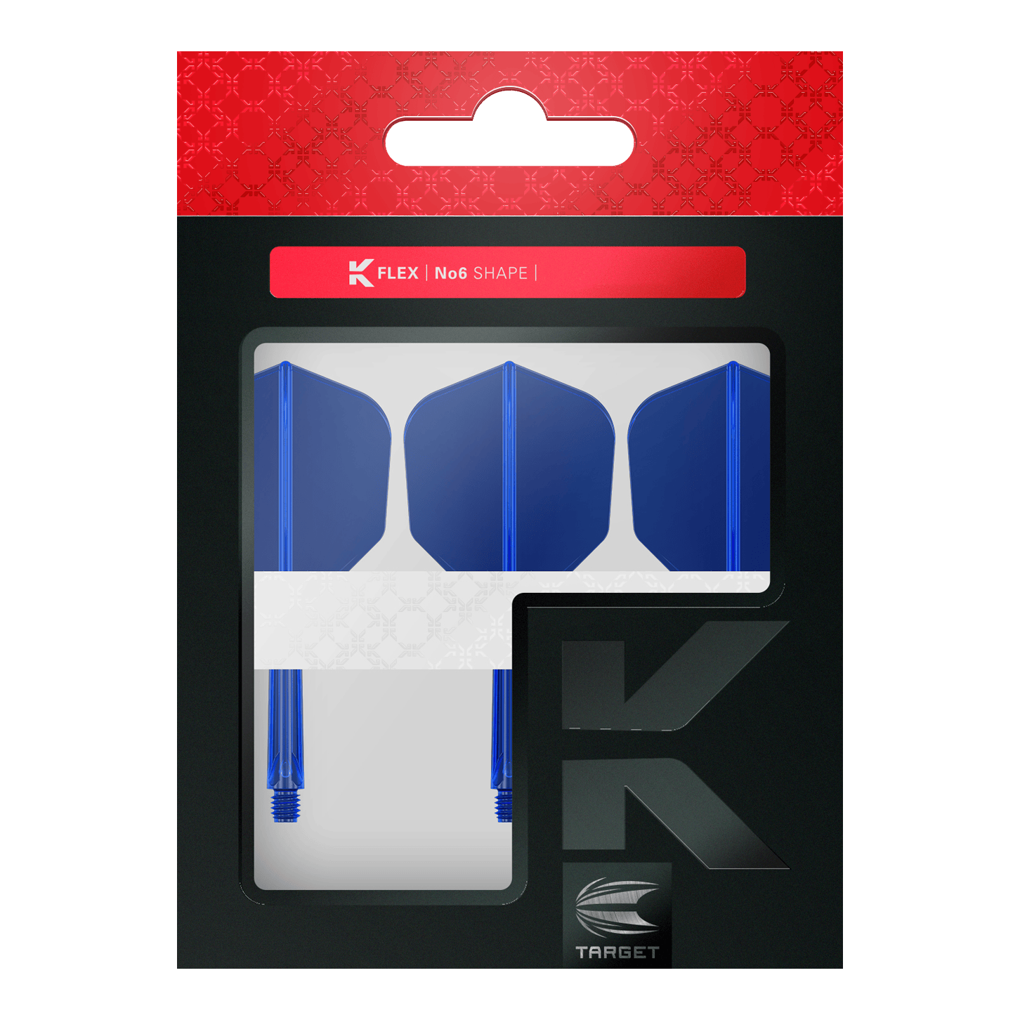 Sistema de vuelo Target K-Flex No6 - Azul Das Bild zeigt eine Verpackung mit drei blauen Dart-Flights und Shafts. Oben auf der Verpackung steht "K FLEX | No6 SHAPE" und unten ist das Target-Logo zu sehen.