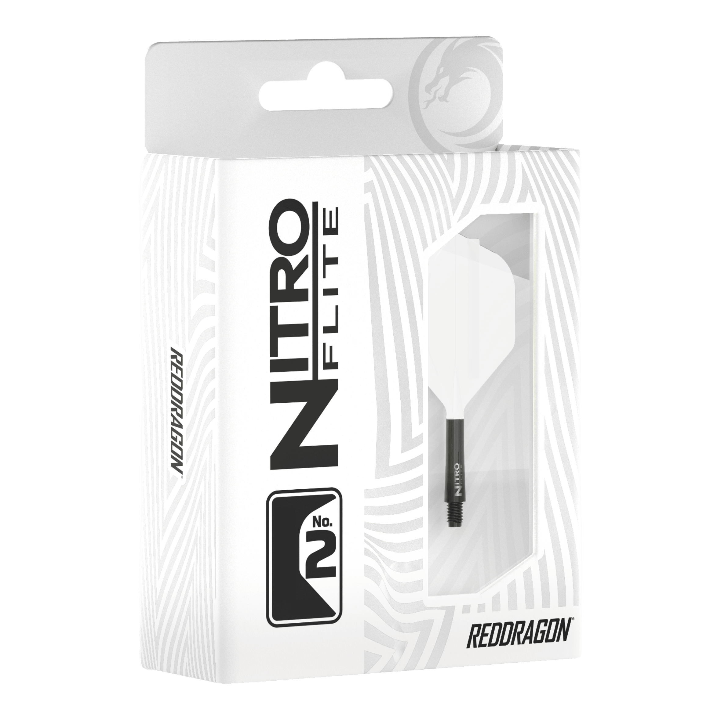 Red Dragon Nitroflite Eje negro Vuelos blancos No. 2 Abgebildet ist Red Dragon Nitroflite Black Shaft White Flights No2. Zu sehen sind schwarze Dart-Schäfte mit weißen Flights.