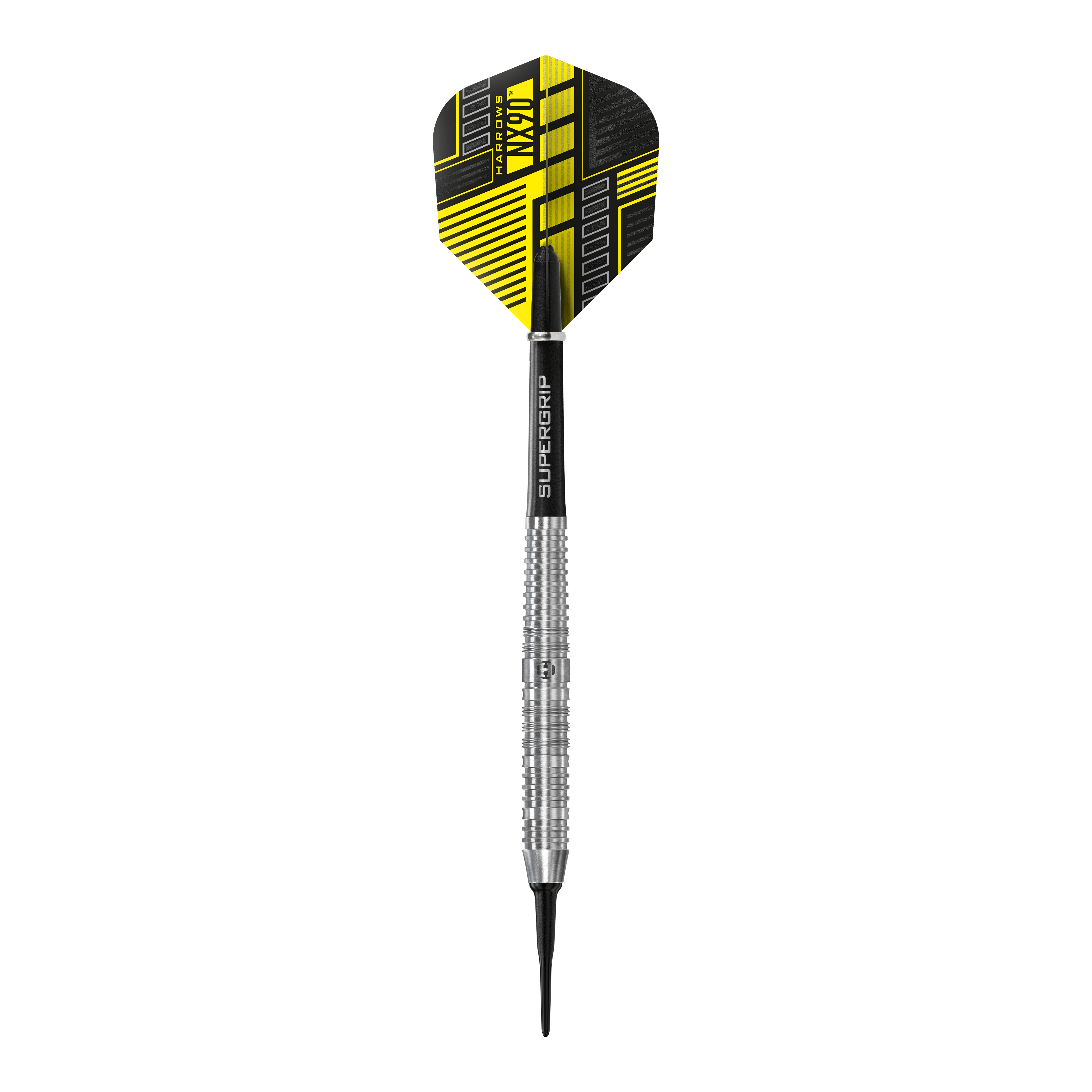 Dardos blandos paralelos Harrows NX90 Das Bild zeigt einen Harrows NX90 Parallel Softdart mit silbernem Schaft und schwarzem Flight. Der Flight hat ein modernes gelb-schwarzes Design.