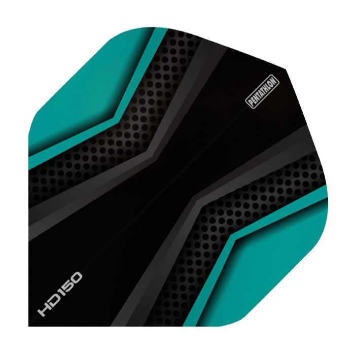 HD2027-Pentathlon-HD150-Black-Aqua Das Bild zeigt einen HD 150 Pentathlon Flights in Schwarz und Aqua. Das Design ist modern mit schwarzen, grauen und aqua-farbenen Elementen und geometrischem Muster.
