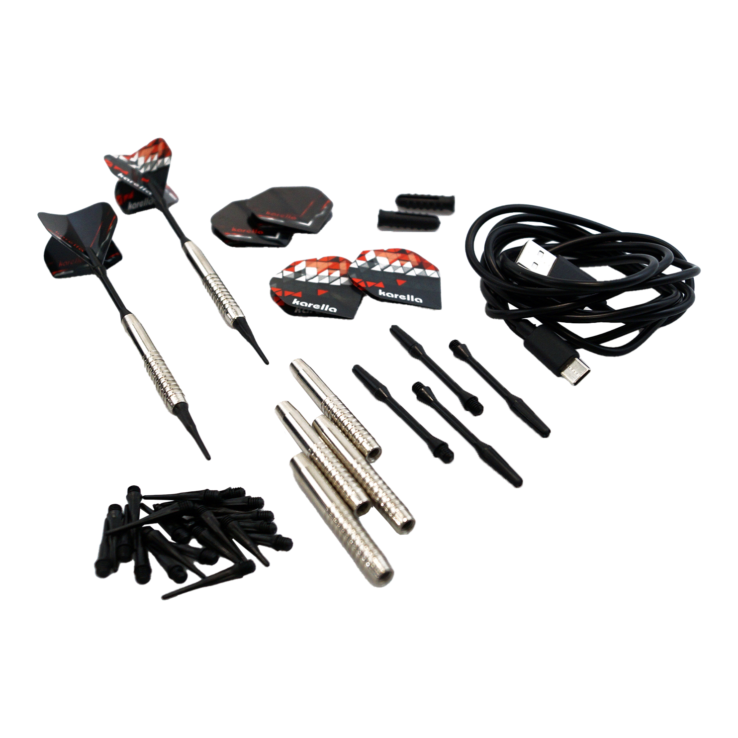 Diana electrónica blanda Karella CB-Smart Das Bild zeigt das Zubehörset der Karella CB-Smart Elektronischen Soft-Dartscheibe, darunter mehrere Dartpfeile, Ersatzspitzen, Flights und ein USB-Kabel. Die Einzelteile sind ordentlich auf einem hellen Hintergrund angeordnet.