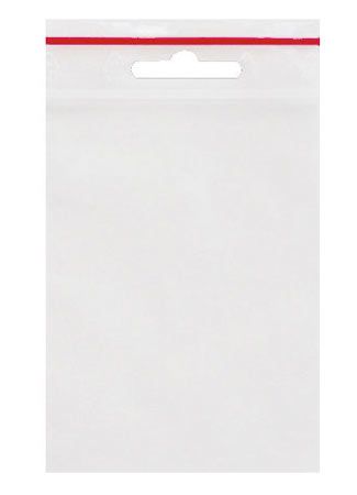 bt5189009034065 Das Bild zeigt eine transparente Plastiktüte mit Euroloch und rotem Verschlussstreifen. Die Maße der Tüte sind 60 x 43 mm.