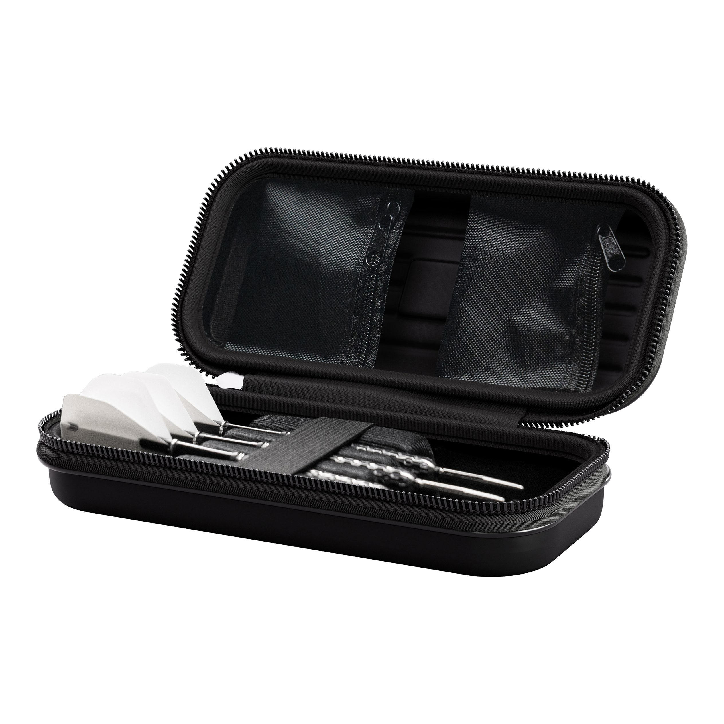 Estuche para dardos Target Takoma Stephen Bunting Das Bild zeigt das Produkt "Target Takoma Stephen Bunting Dartcase". In dem geöffneten Etui befinden sich drei zusammengebaute Darts und kleine Netztaschen im Deckel.