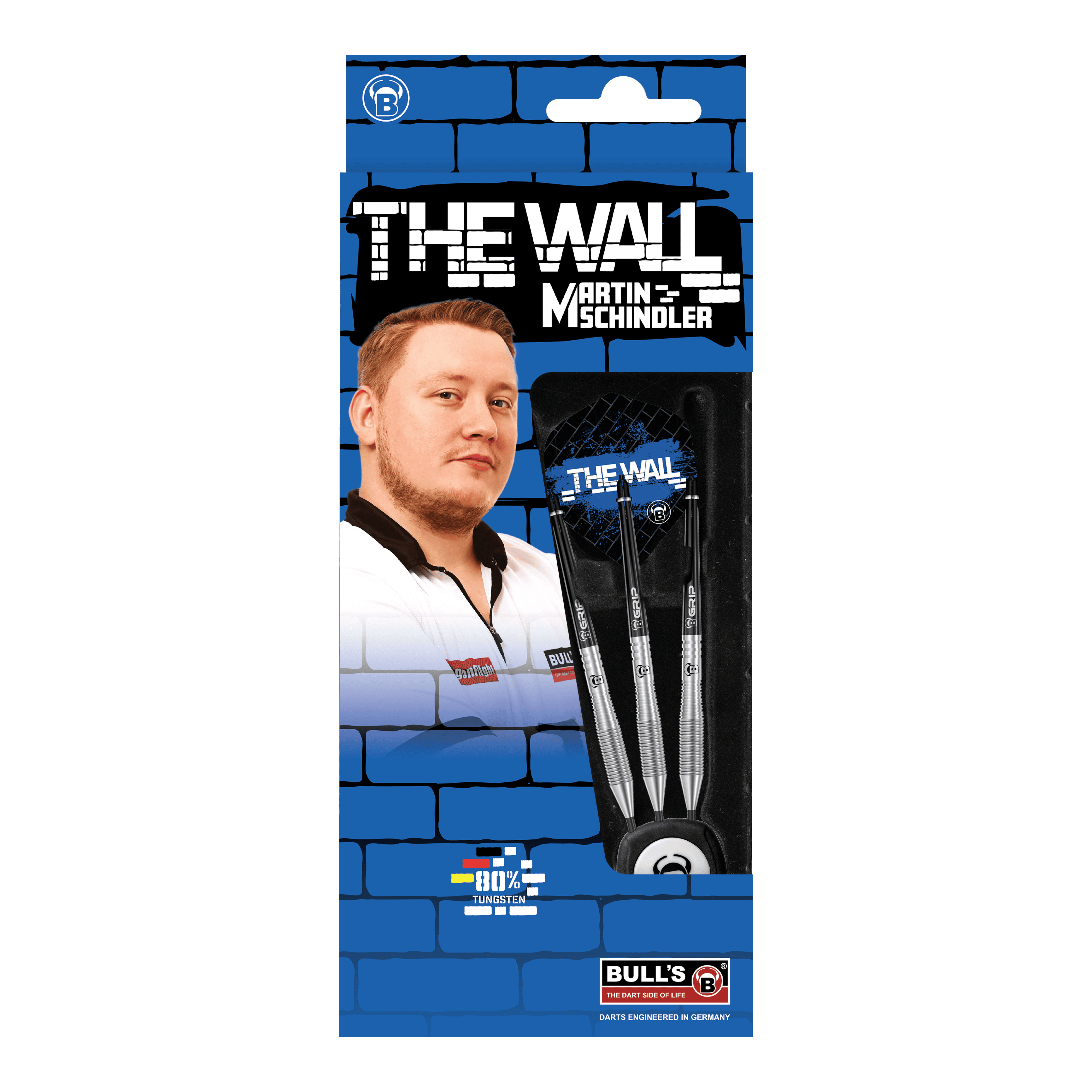 Dardos de acero Bulls Martin Schindler TW80 Die Verpackung zeigt die "Bulls Martin Schindler TW80 Steeldarts" mit einem Bild von Martin Schindler. Im Inneren sind drei silberne Steeldarts zu sehen.