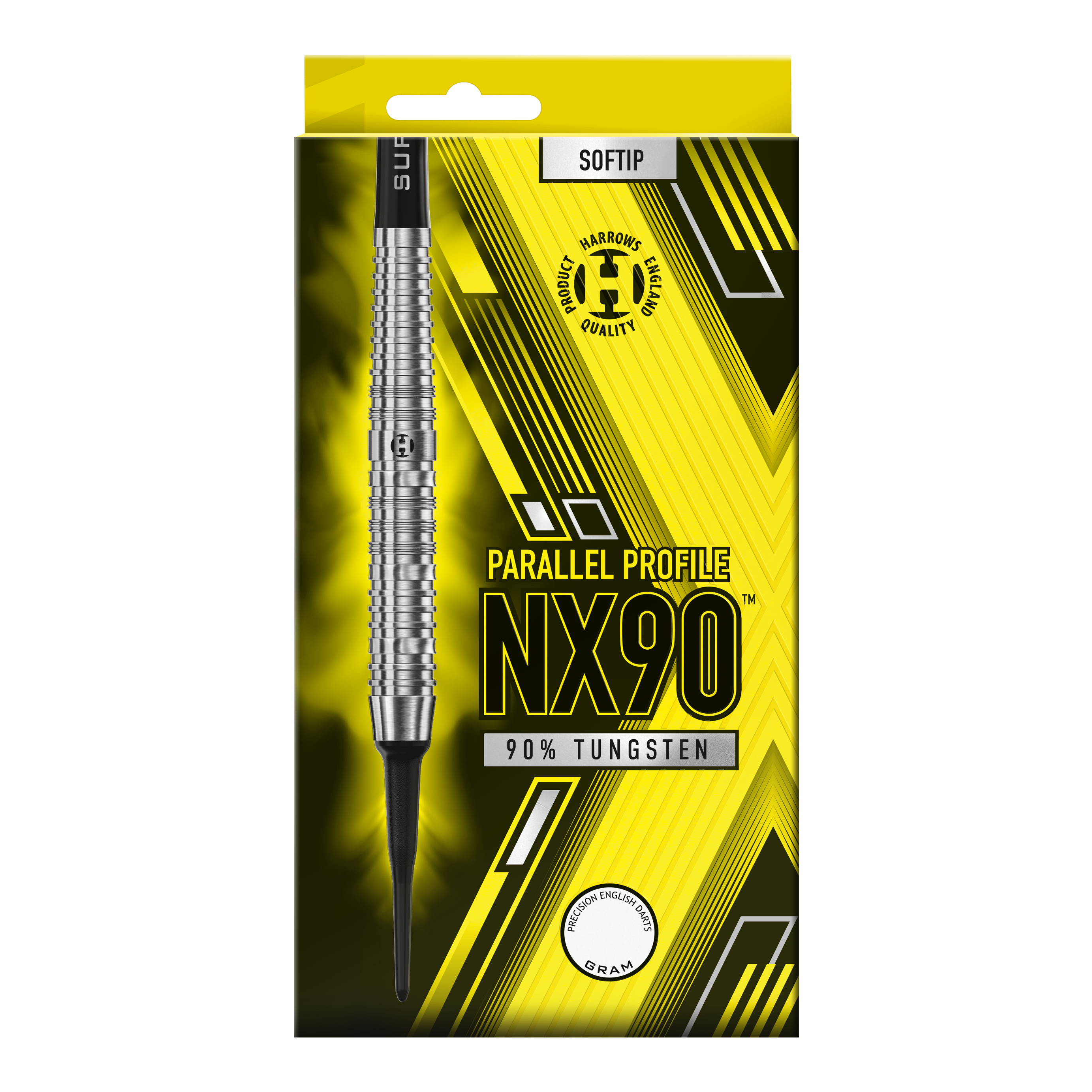 Dardos blandos paralelos Harrows NX90 Die Abbildung zeigt die Verpackung der Harrows NX90 Parallel Softdarts. Auf der gelb-schwarzen Packung steht, dass die Darts aus 90 % Tungsten bestehen.