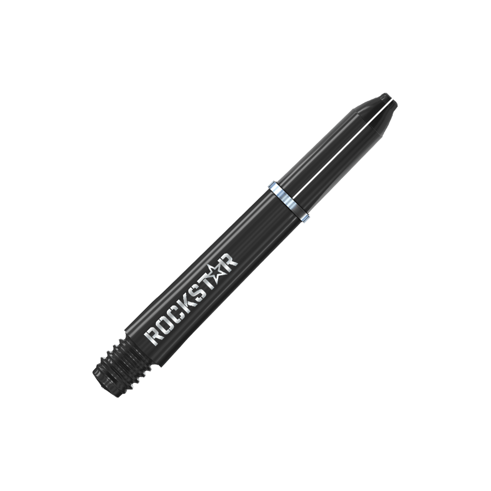 Varillas de nailon Winmau Joe Cullen Rockstar negras Auf dem Bild ist ein schwarzer Dart-Schaft mit der Aufschrift "ROCKSTAR" zu sehen. Der Schaft hat einen silbernen Ring in der Mitte.