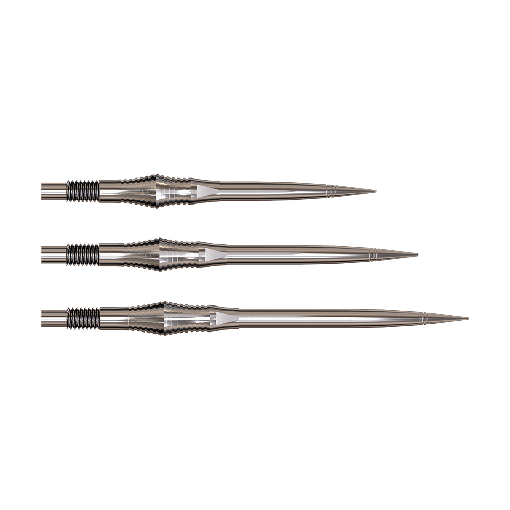 Dartspitzen der Spire Silver Elite Serie sind abgebildet. Sie sind silberfarben mit einer schlanken Form.