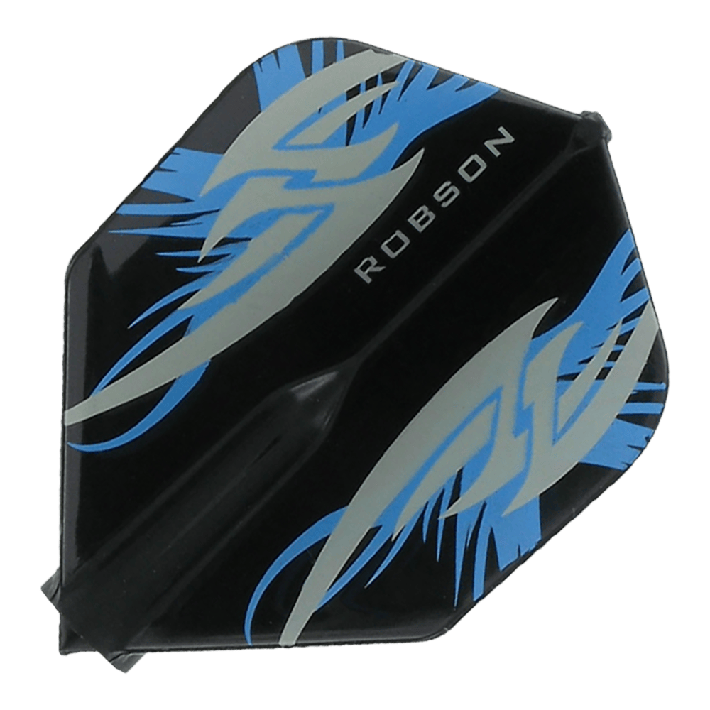 Robson Plus Flights Standard Argo Black Das Bild zeigt ein schwarzes Dartflight mit blauen und silbernen Mustern. In der Mitte steht der Schriftzug "ROBSON".