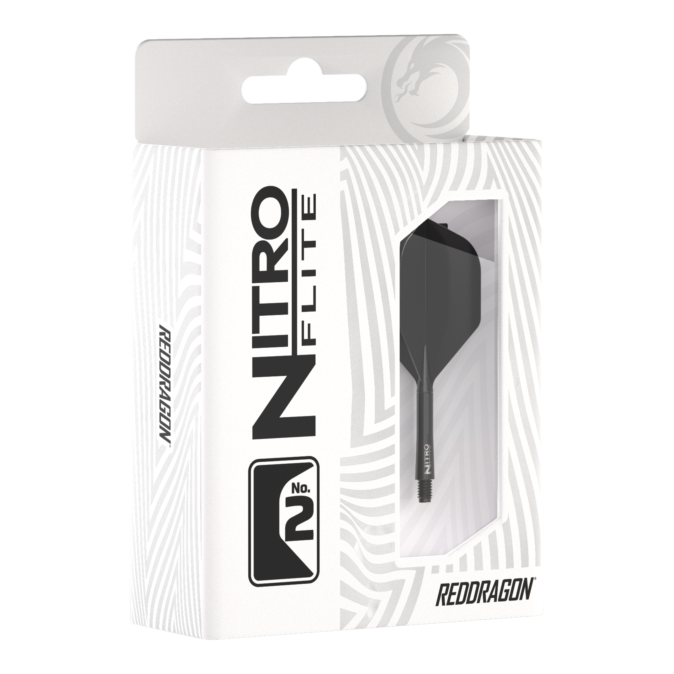 Die Verpackung zeigt das Produkt "Red Dragon Nitroflite - Black Shaft Black No2 Flights". Im Sichtfenster ist ein schwarzer Dart-Schaft mit schwarzem Flight zu sehen.