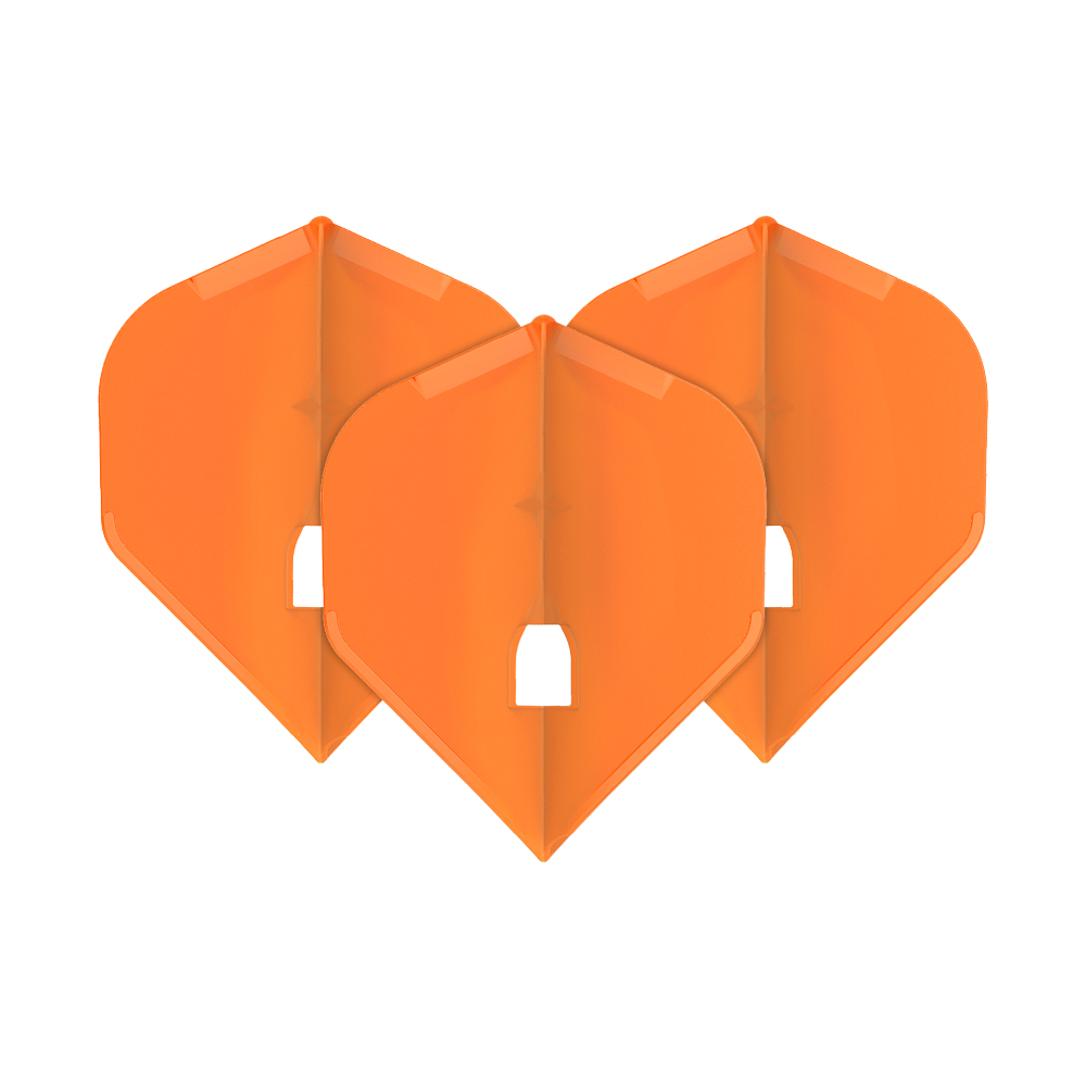 Plumas Estilo L Champán - Estándar L1PRO Das Bild zeigt drei orangefarbene Dart-Flights in Standardform. Sie sind ordentlich nebeneinander angeordnet und haben eine glänzende Oberfläche.
