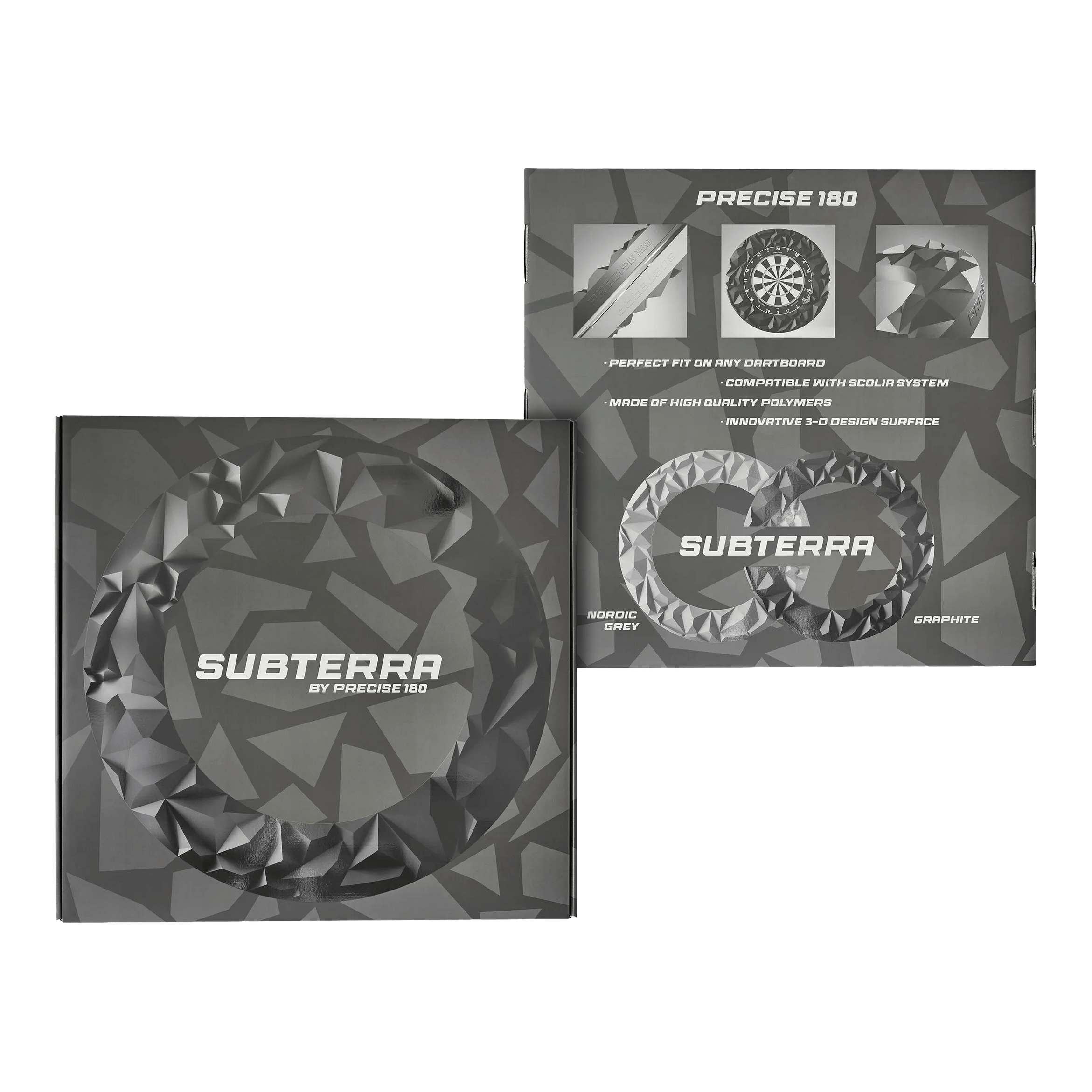 Hier ist das Precise 180 3D Dartboard Surround Subterra in Nordic Grey abgebildet. Es schützt die Umgebung der Dartscheibe vor Treffern.