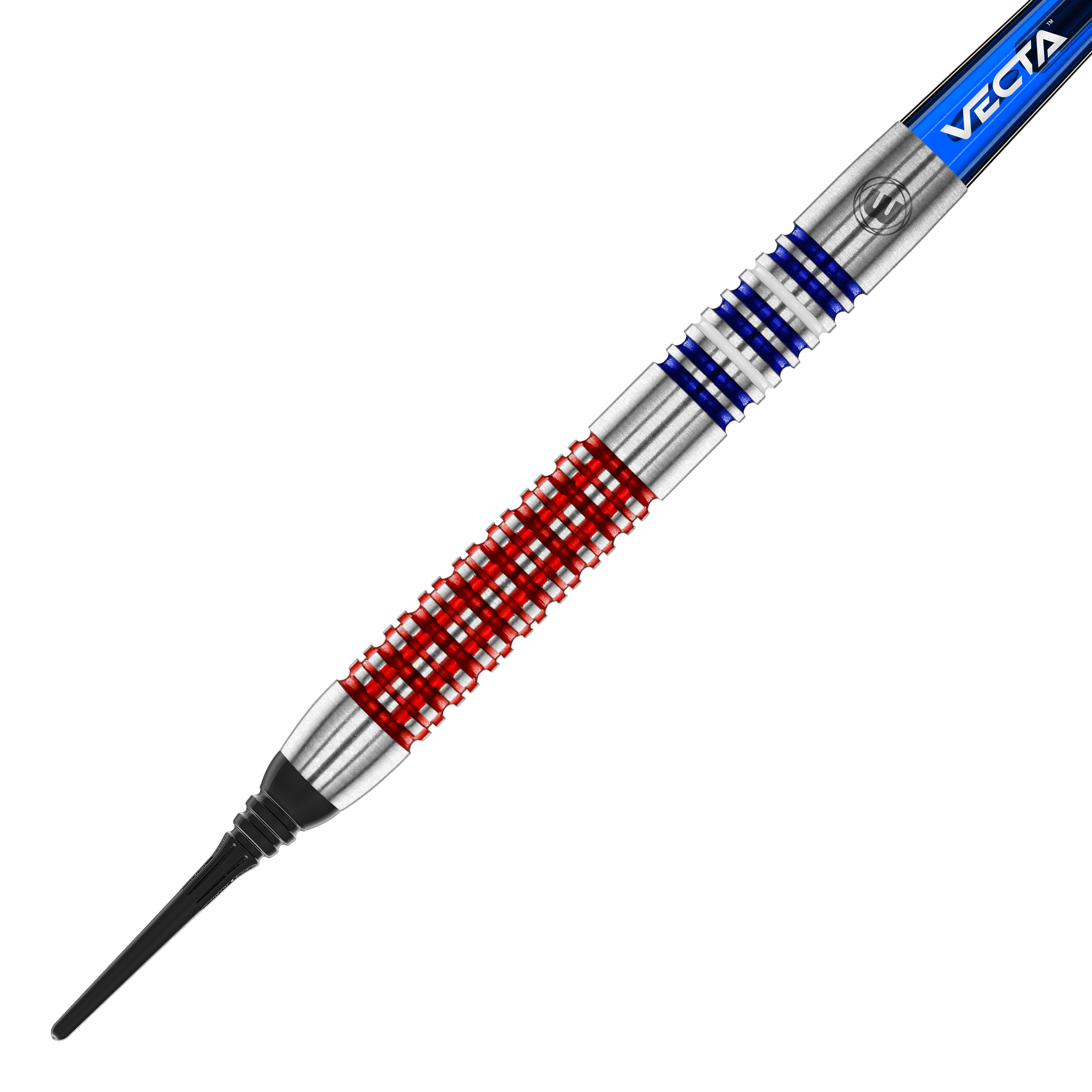 Dardos blandos Winmau Garrett Rakowski - 20g Auf dem Bild ist ein Softdart des Modells "Winmau Garrett Rakowski Softdarts - 20g" zu sehen. Der Dart hat ein auffälliges Design mit roten und blauen Ringen auf dem silbernen Barrel.