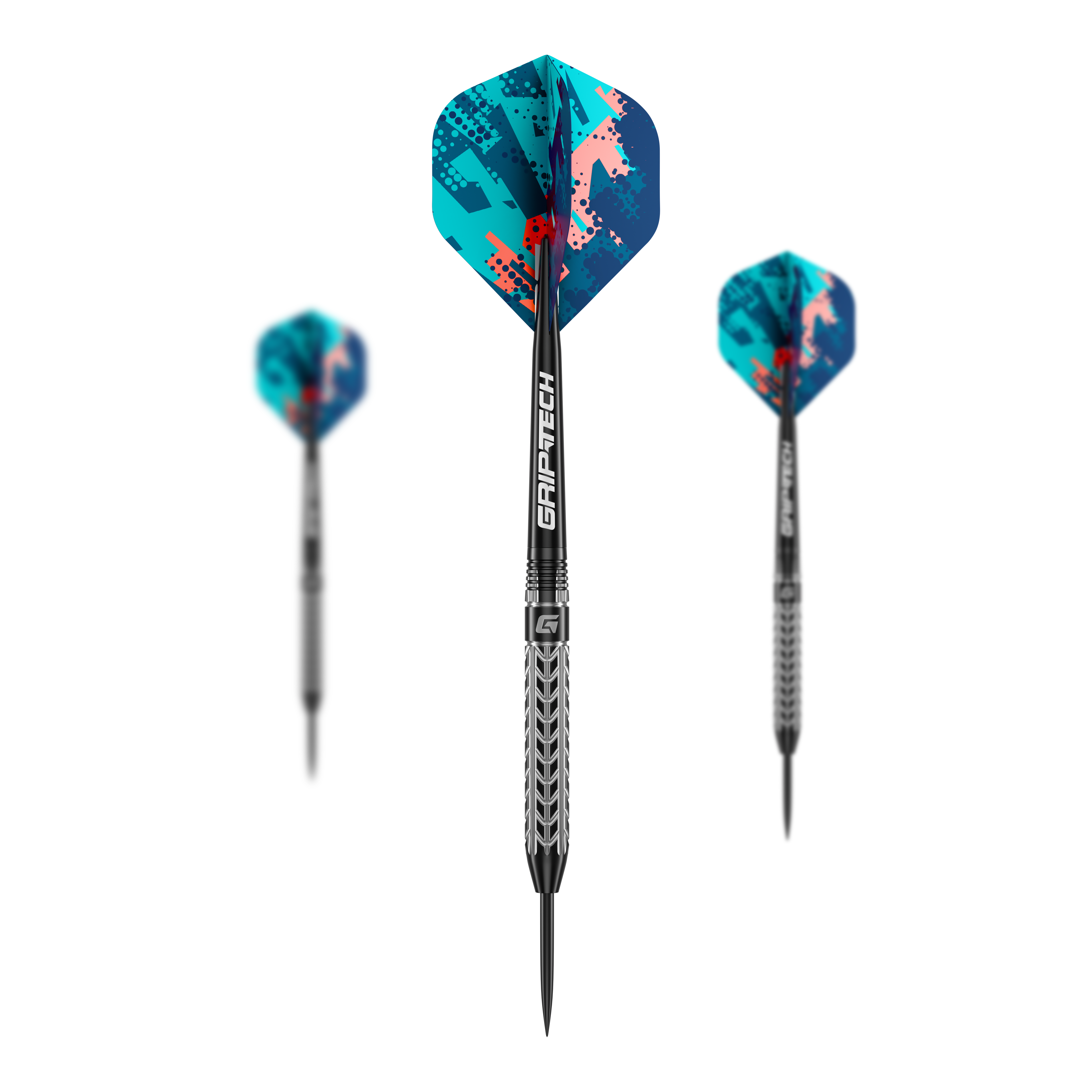 Dardos de acero de tungsteno con tracción GOAT Das Bild zeigt drei GOAT Traction Tungsten Steeldarts mit bunten Flights in Blau- und Rottönen. Auf dem Mittelteil der Darts steht "GRIPTECH" geschrieben.