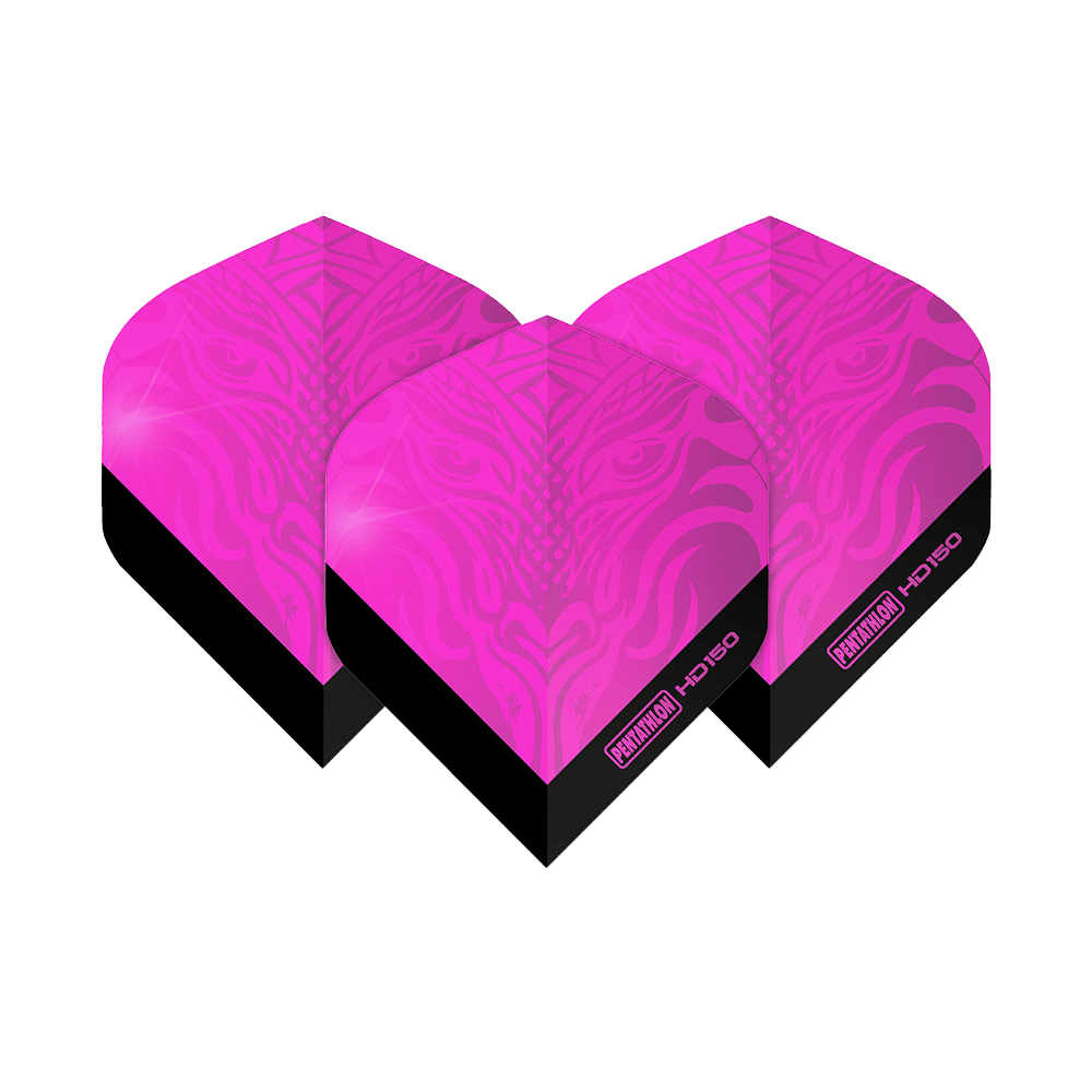 Vuelos estándar Pentathlon HD150 rosa metalizado Das Bild zeigt drei Pentathlon HD150 Metallic Pink Standard Flights. Die Flights sind leuchtend pink mit einem schwarzen unteren Rand und einem dekorativen Muster.