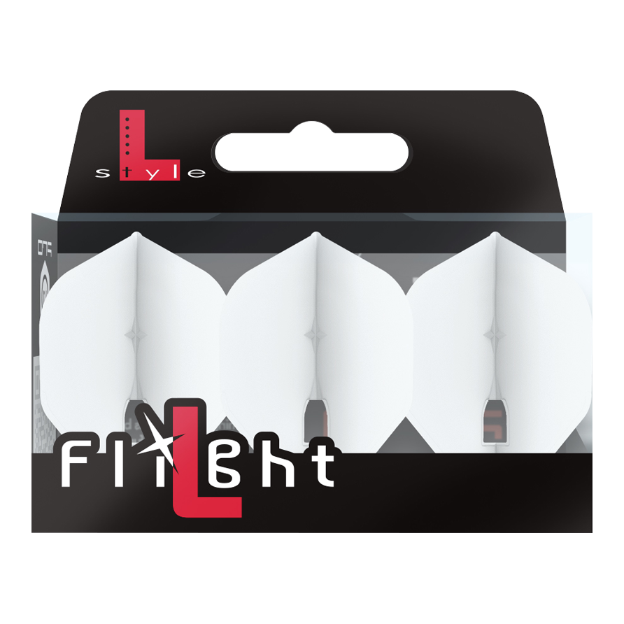 L-Style Champagne L1PRO Flights Auf dem Bild ist eine Packung mit drei weißen Dart-Flights zu sehen. Die Verpackung trägt die Aufschrift „L-style Flight“ und ist hauptsächlich schwarz und weiß gestaltet.