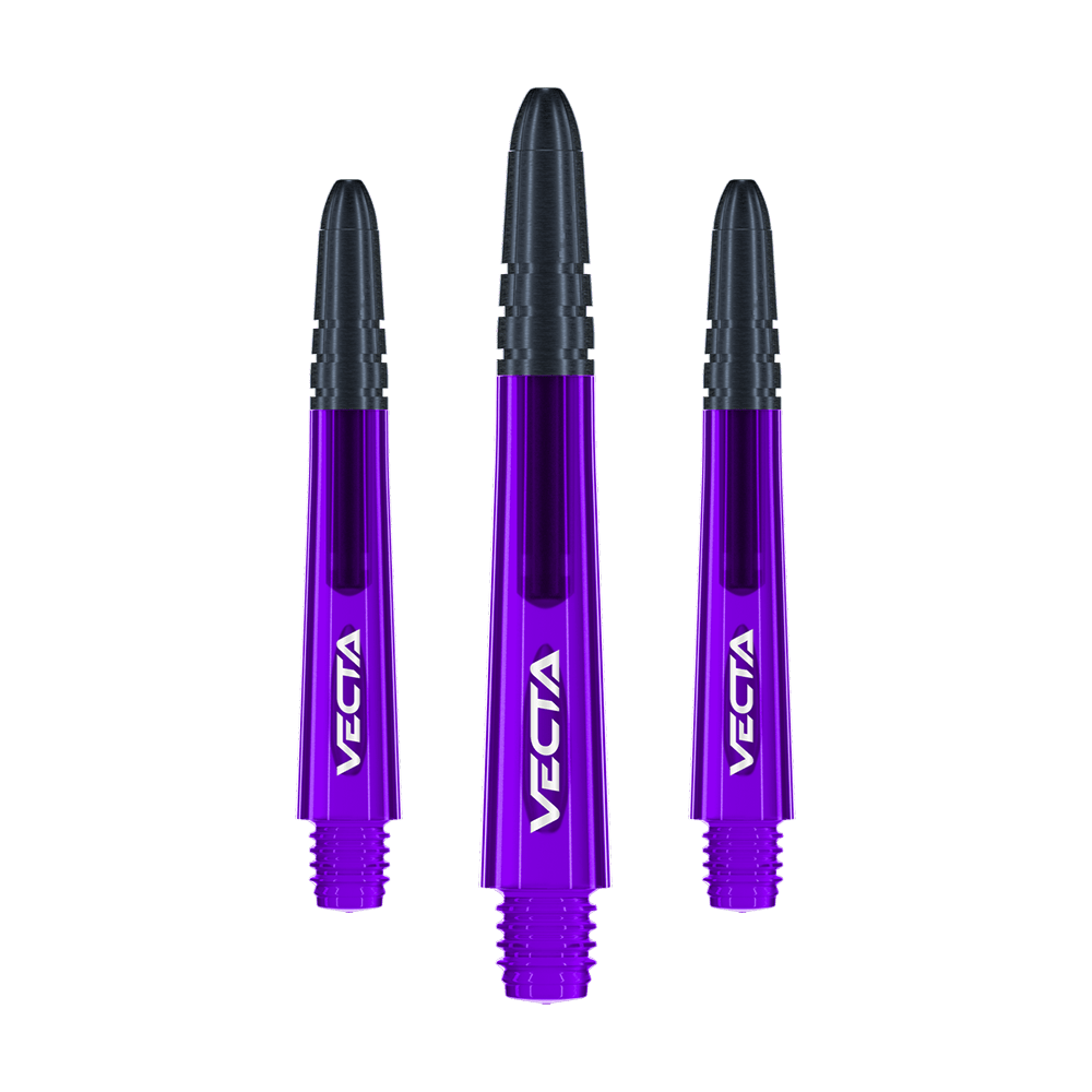 Flechas Winmau Vecta - Morado Negro Das Bild zeigt drei violett-schwarze Dartschäfte mit der Aufschrift "VECTA". Sie sind gleich lang und nebeneinander angeordnet.