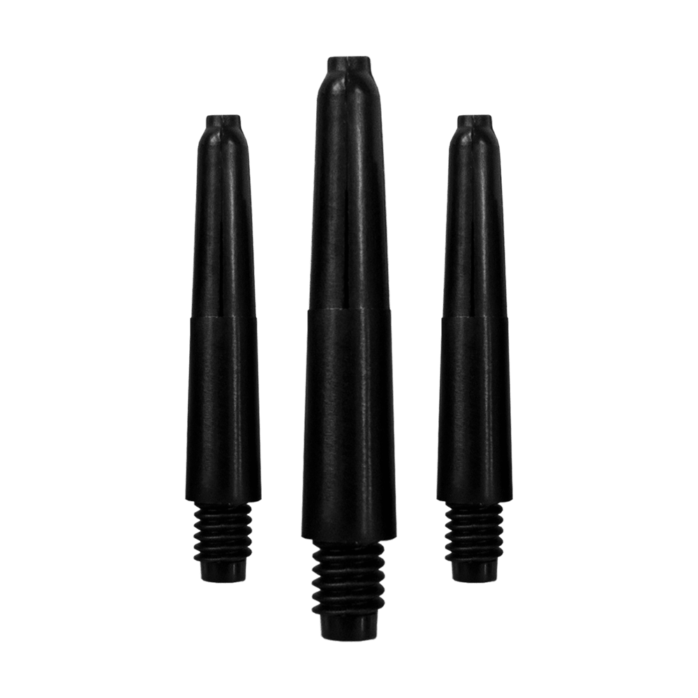 565_Nylon_Shafts_mit_Wunschdruck_Schwarz_28mm_1 Das Bild zeigt drei schwarze Nylon-Schäfte, die nebeneinander angeordnet sind. Sie sind als Ersatzteile für Dartpfeile gedacht.