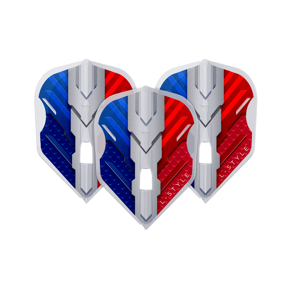Vuelos L-Style V-Series V1 Tipo B Francia Blanco transparente L3PRO Das Bild zeigt drei Dart-Flights mit einem modernen Design in den Farben Blau, Weiß und Rot. Auf den Flights steht der Schriftzug "L-Style".