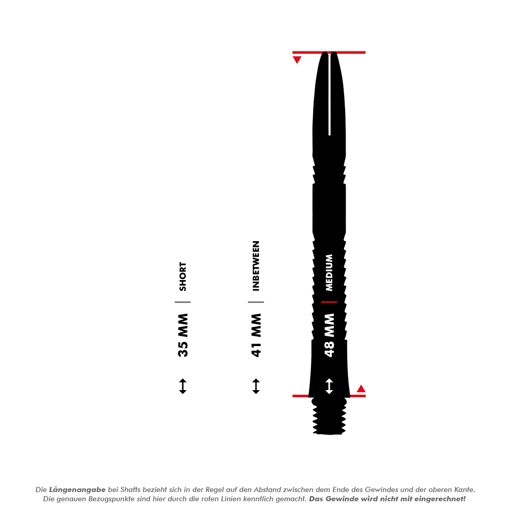 Flechas de titanio Shot Mako Das Bild zeigt drei unterschiedlich lange Dartschäfte mit den Längen 35 mm (kurz), 41 mm (inbetween) und 48 mm (medium). Jeder Schaft ist mit einer Messlinie und einer Längenangabe versehen.