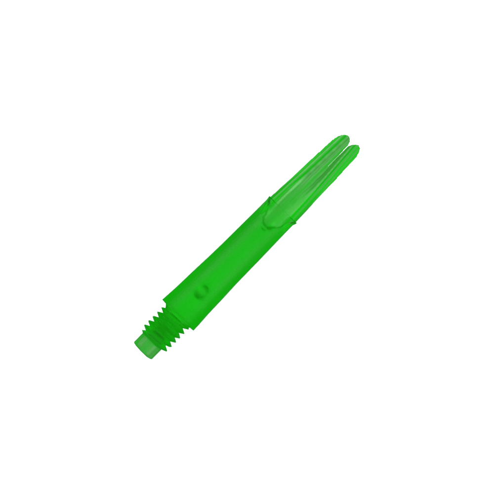 Ejes en L estilo L bloqueados rectos - Verde Das Bild zeigt einen geraden, grünen Dart-Schaft ohne Kappen. Er ist aus Kunststoff gefertigt und hat ein Schraubgewinde am unteren Ende.